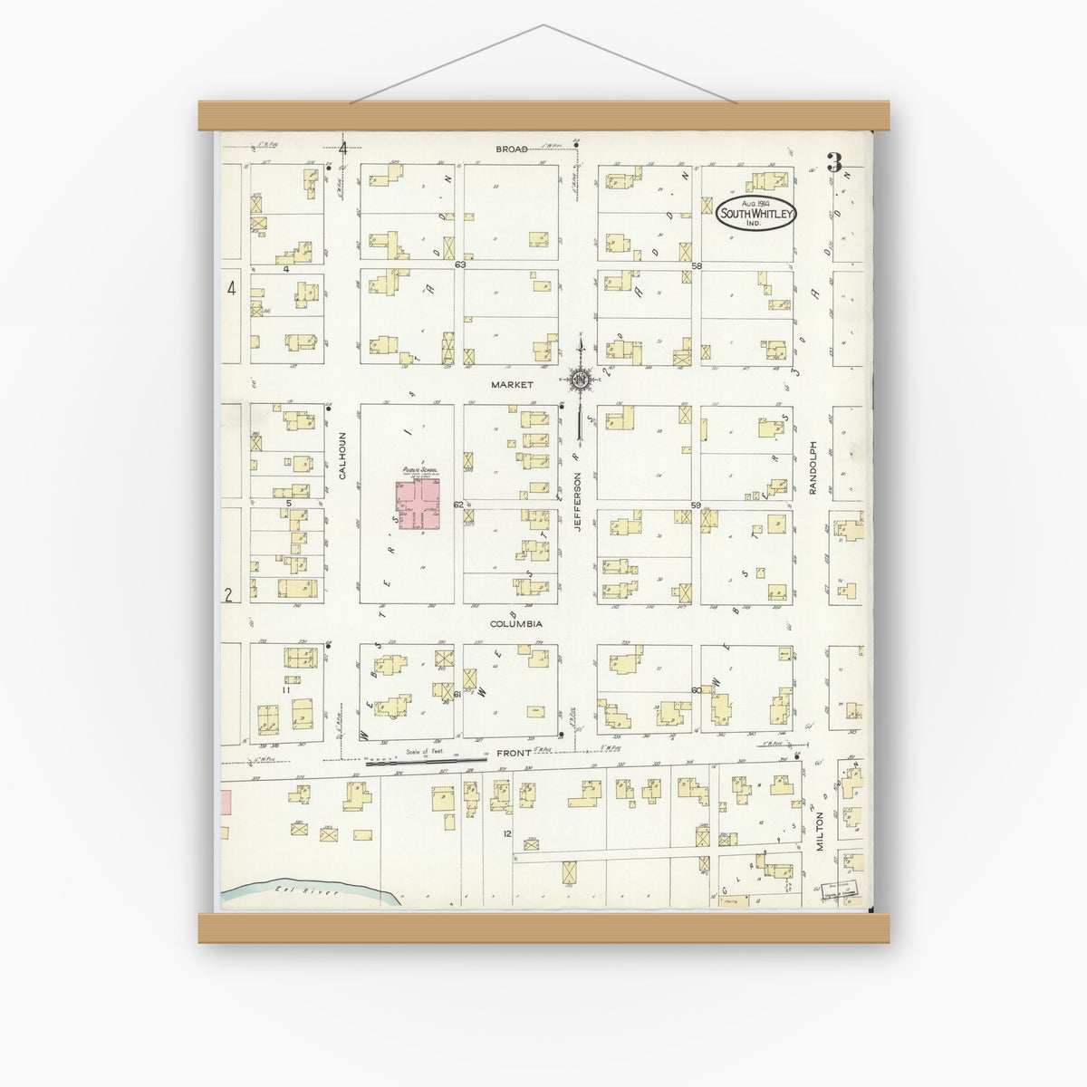 Old map wall art mockup — magnetic wood frame on white wall — Sanborn Fire Insurance Map from South Whitley, Whitley County, Indiana (1914), Sheet #0003