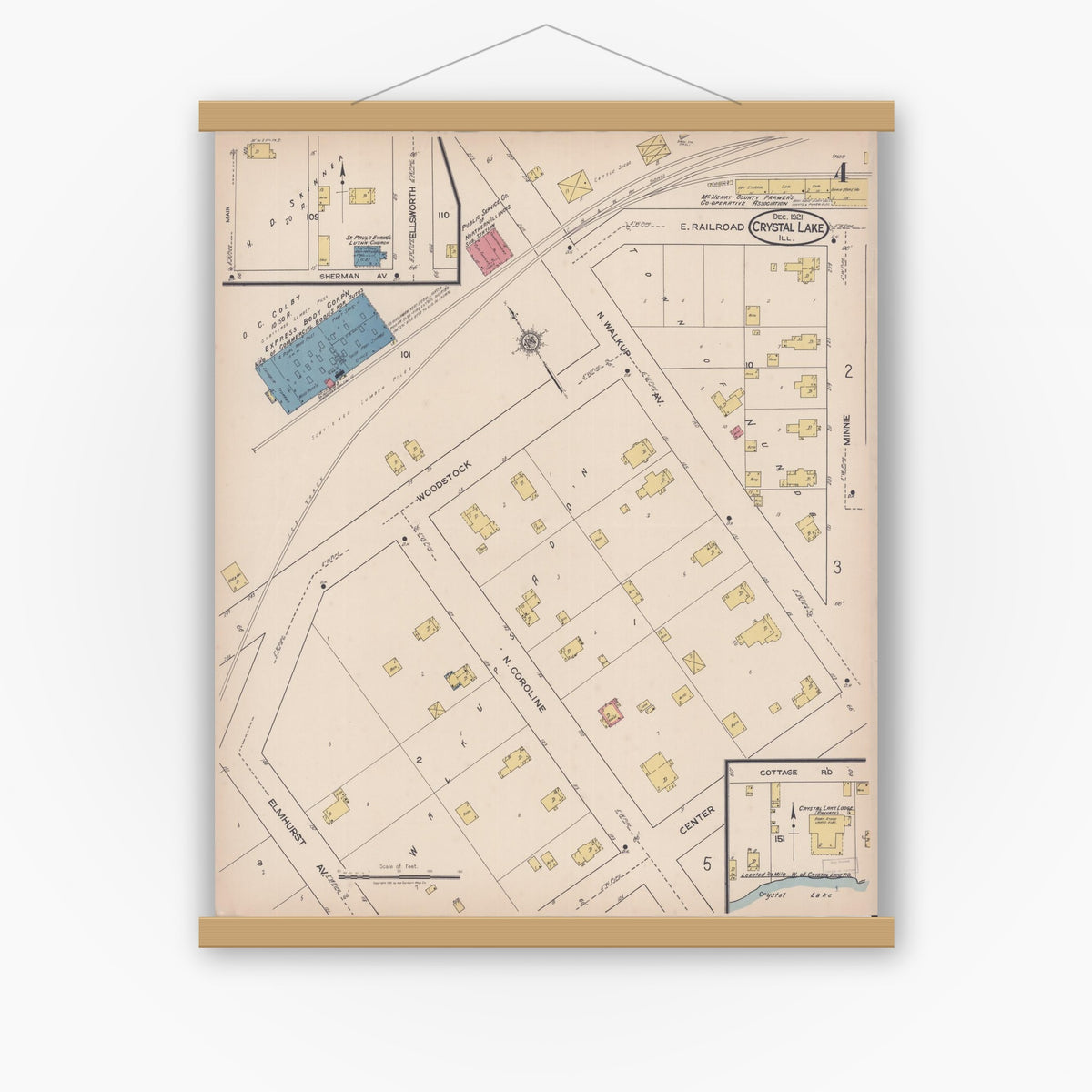 Old map wall art mockup — magnetic wood frame on white wall — Sanborn Fire Insurance Map from Crystal Lake, McHenry County, Illinois (1921), Sheet #0004