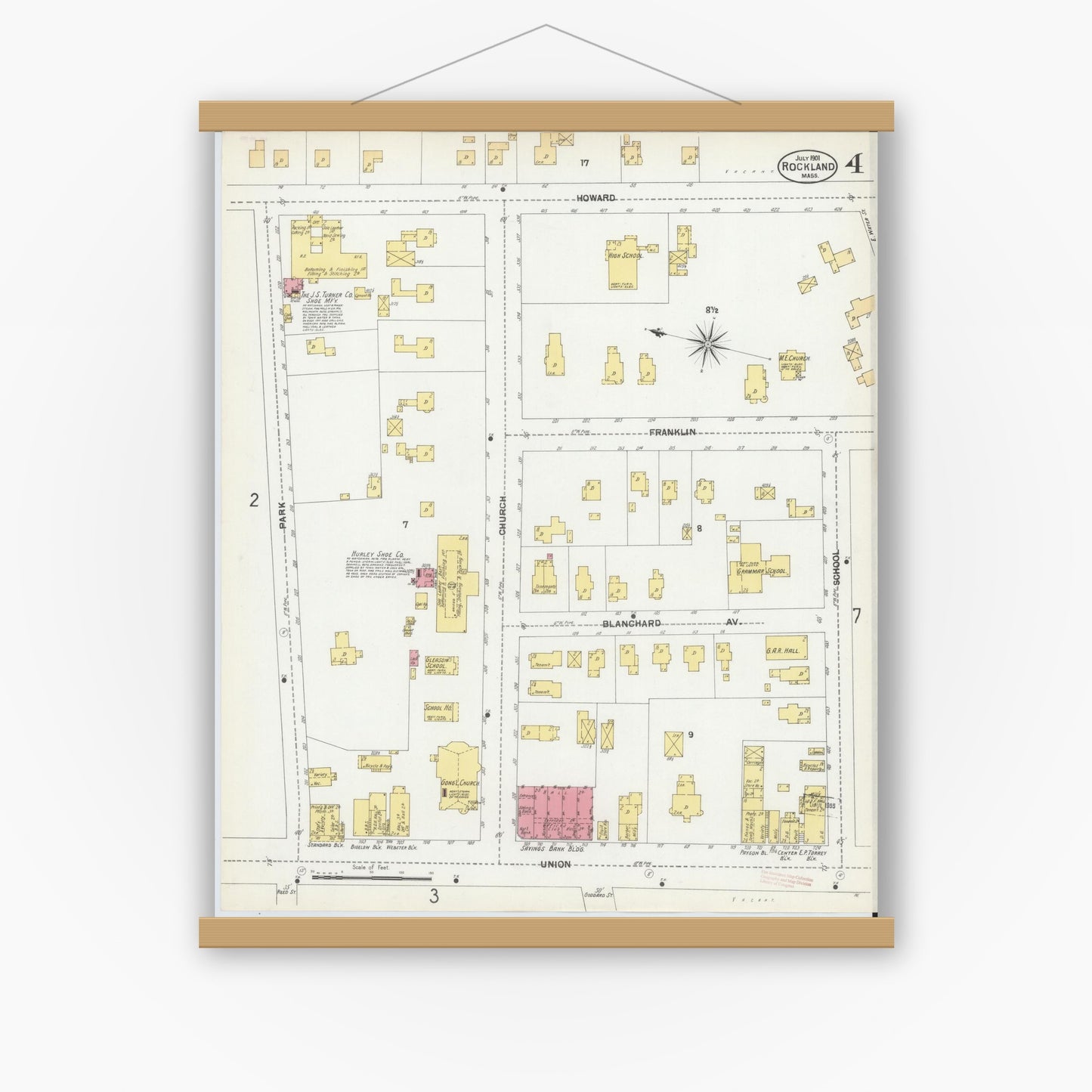 Old map wall art mockup — magnetic wood frame on white wall — Sanborn Fire Insurance Map from Rockland, Plymouth County, Massachusetts (1901), Sheet #0004