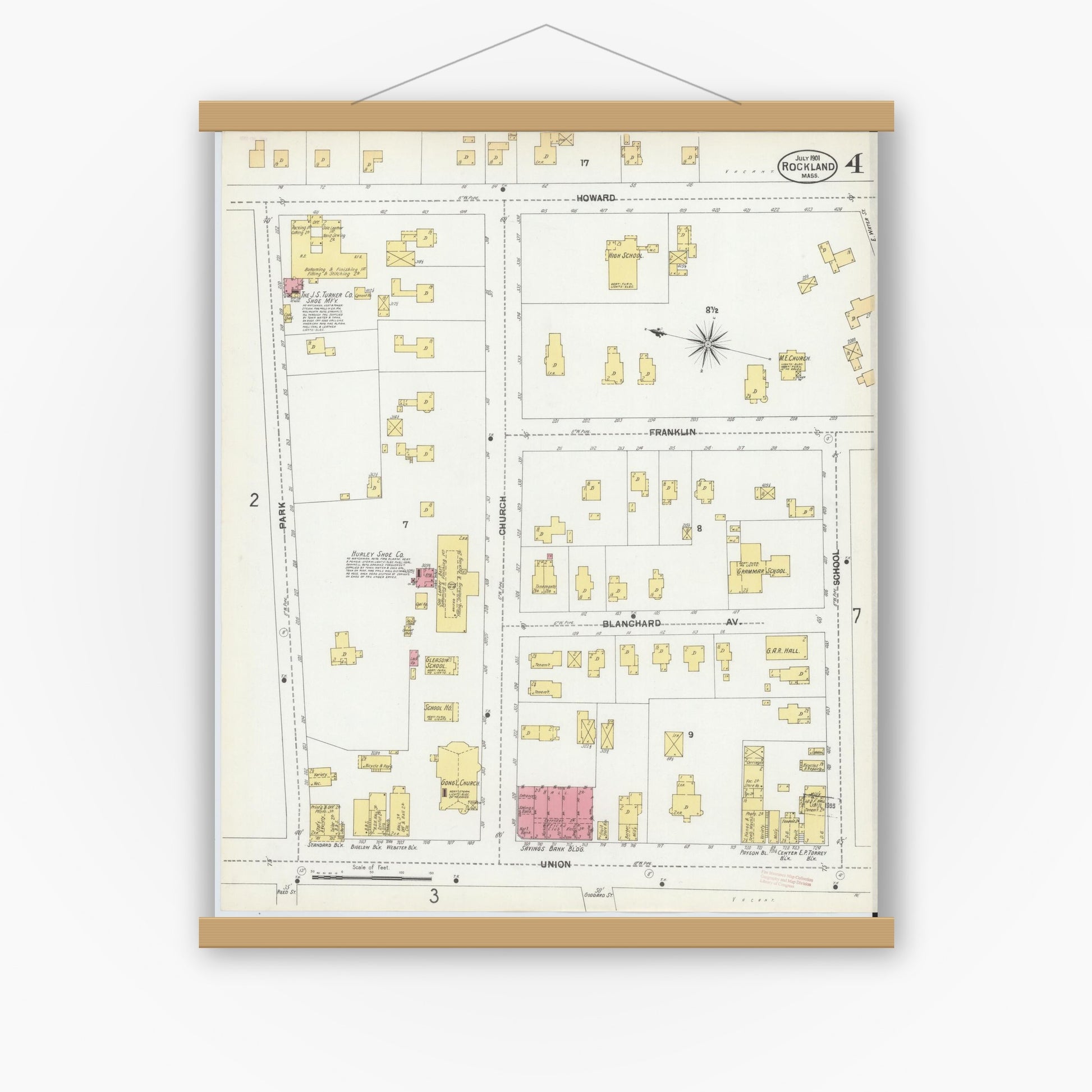Old map wall art mockup — magnetic wood frame on white wall — Sanborn Fire Insurance Map from Rockland, Plymouth County, Massachusetts (1901), Sheet #0004