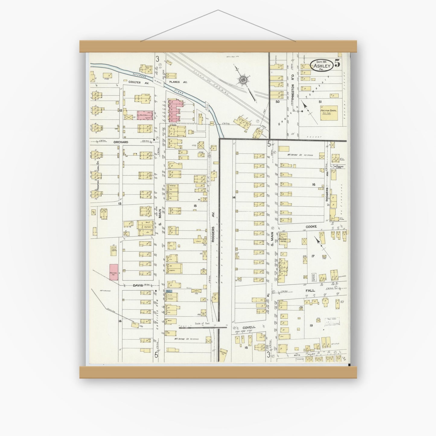 Old map wall art mockup — magnetic wood frame on white wall — Sanborn Fire Insurance Map from Ashley, Luzerne County, Pennsylvania (1911), Sheet #0005
