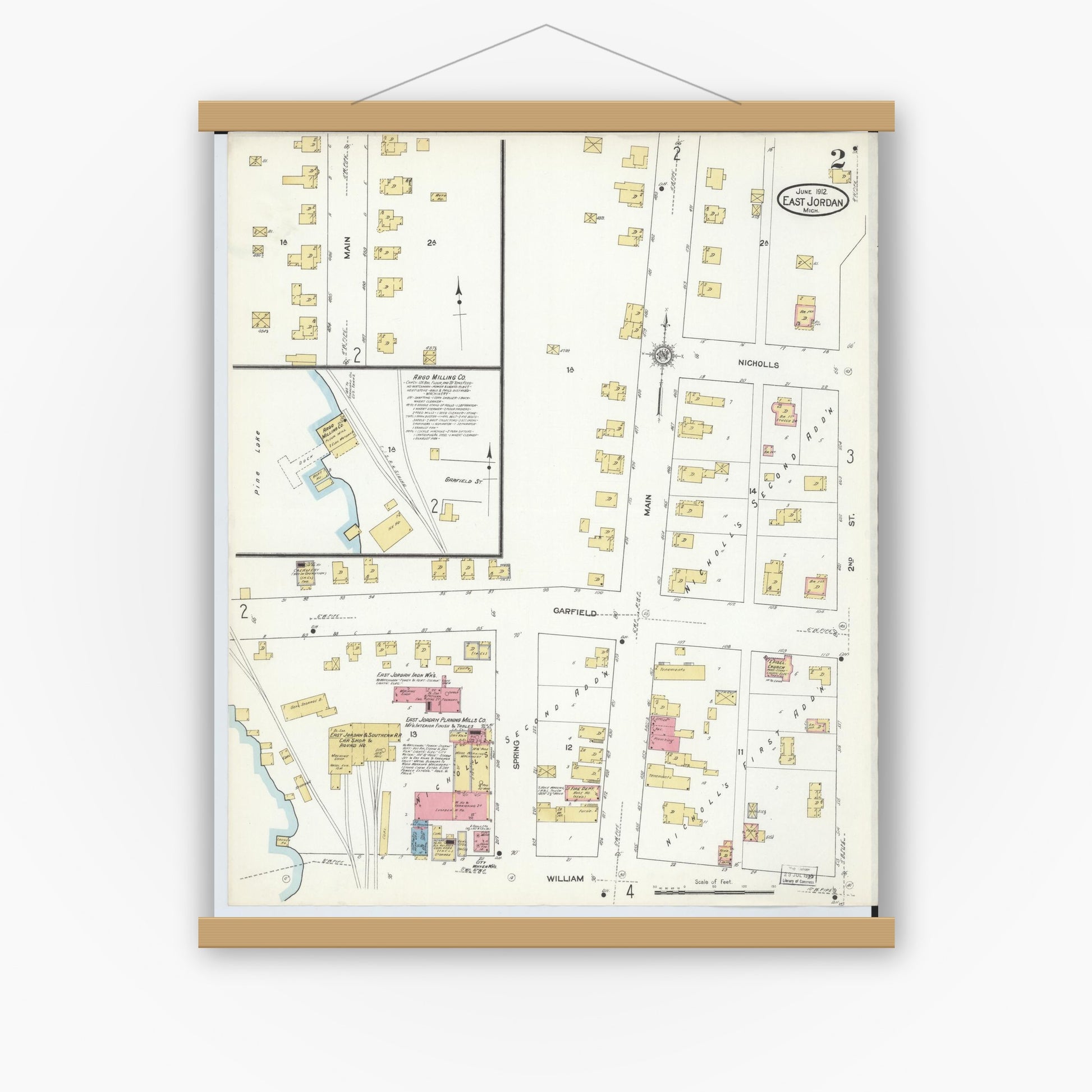 Old map wall art mockup — magnetic wood frame on white wall — Sanborn Fire Insurance Map from East Jordan, Charlevoix County, Michigan (1912), Sheet #0002
