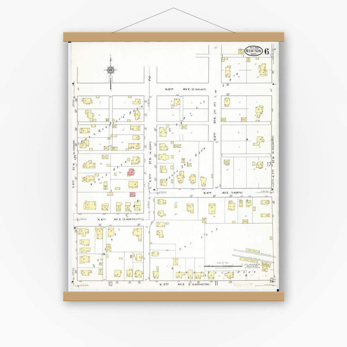 Old map wall art mockup — magnetic wood frame on white wall — Sanborn Fire Insurance Map from Newton, Jasper County, Iowa (1918), Sheet #0006