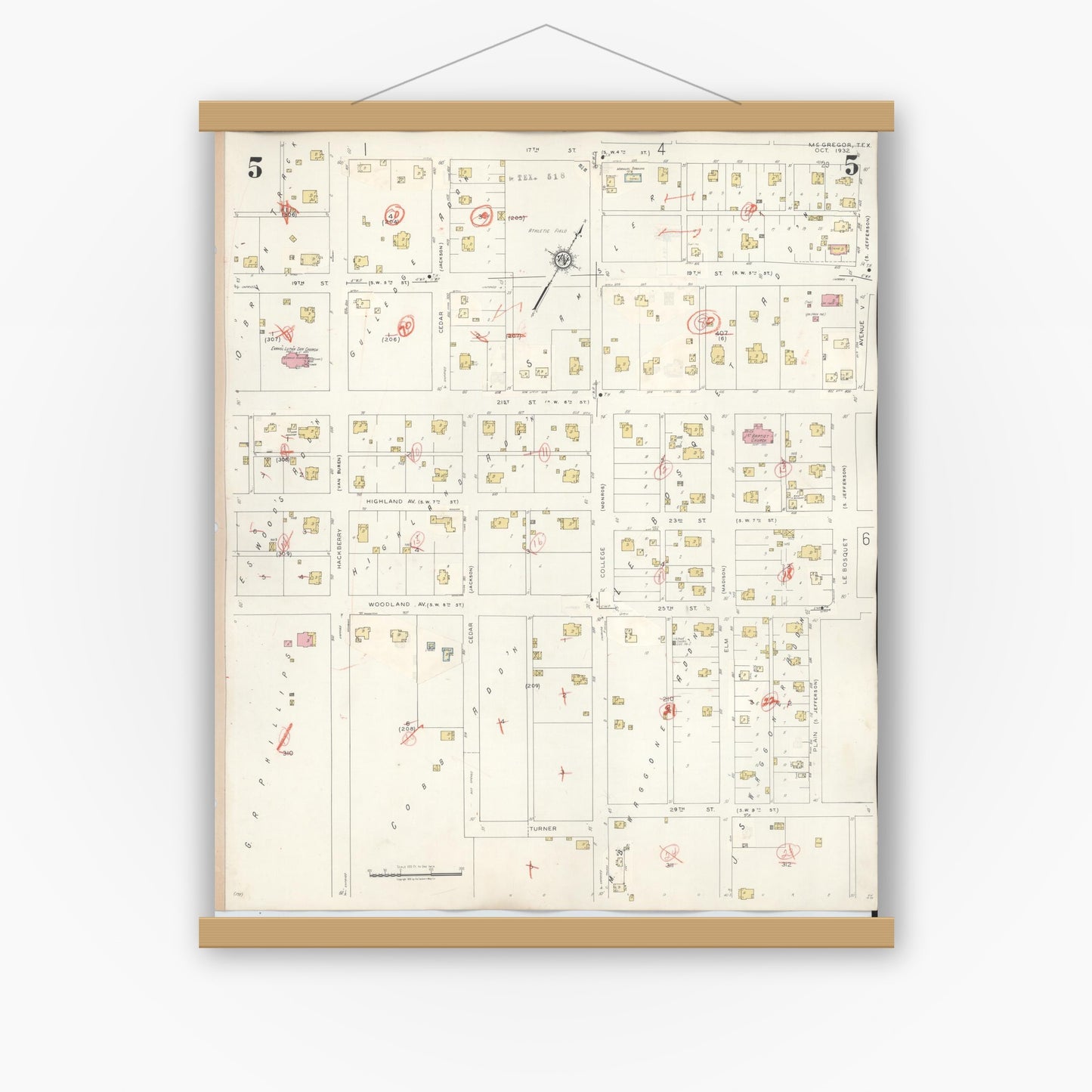 Old map wall art mockup — magnetic wood frame on white wall — Sanborn Fire Insurance Map from McGregor, McLennan County, Texas (1942), Sheet #0005