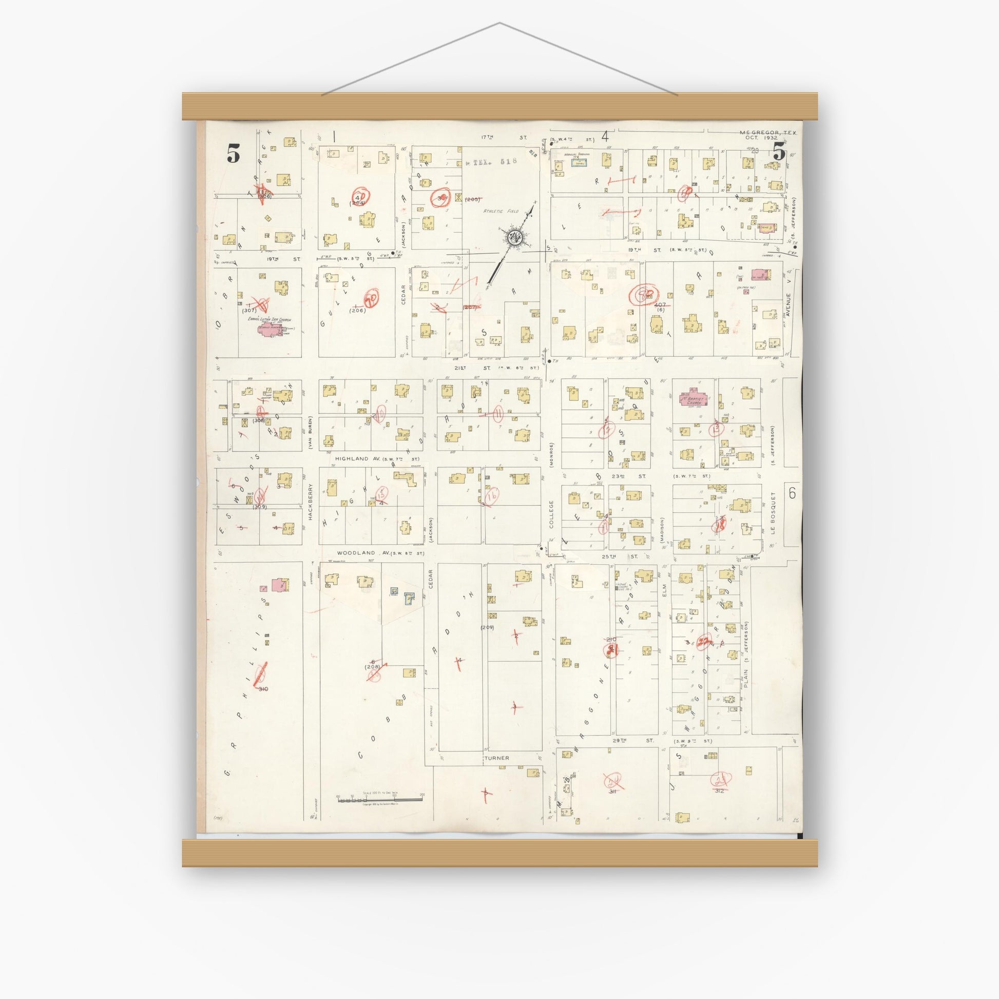 Old map wall art mockup — magnetic wood frame on white wall — Sanborn Fire Insurance Map from McGregor, McLennan County, Texas (1942), Sheet #0005