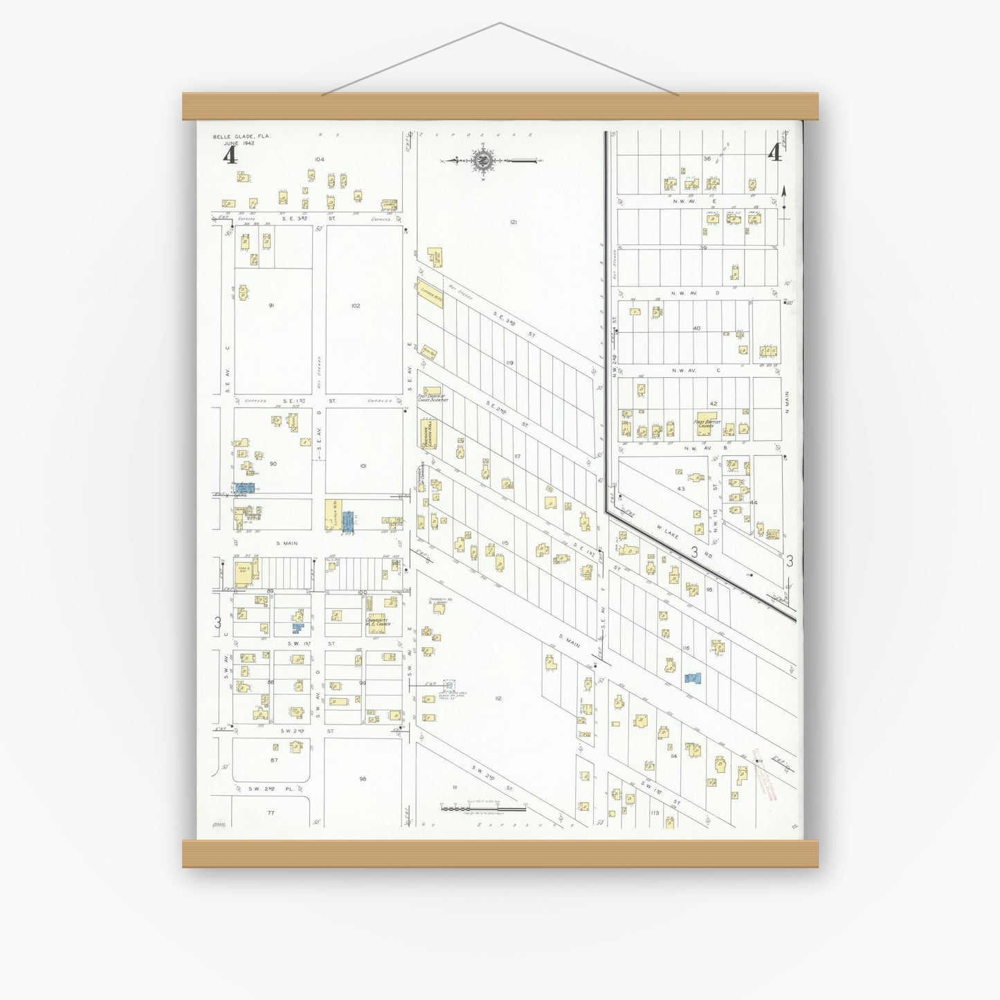 Old map wall art mockup — magnetic wood frame on white wall — Sanborn Fire Insurance Map from Belle Glade, Palm Beach County, Florida (1942), Sheet #0004
