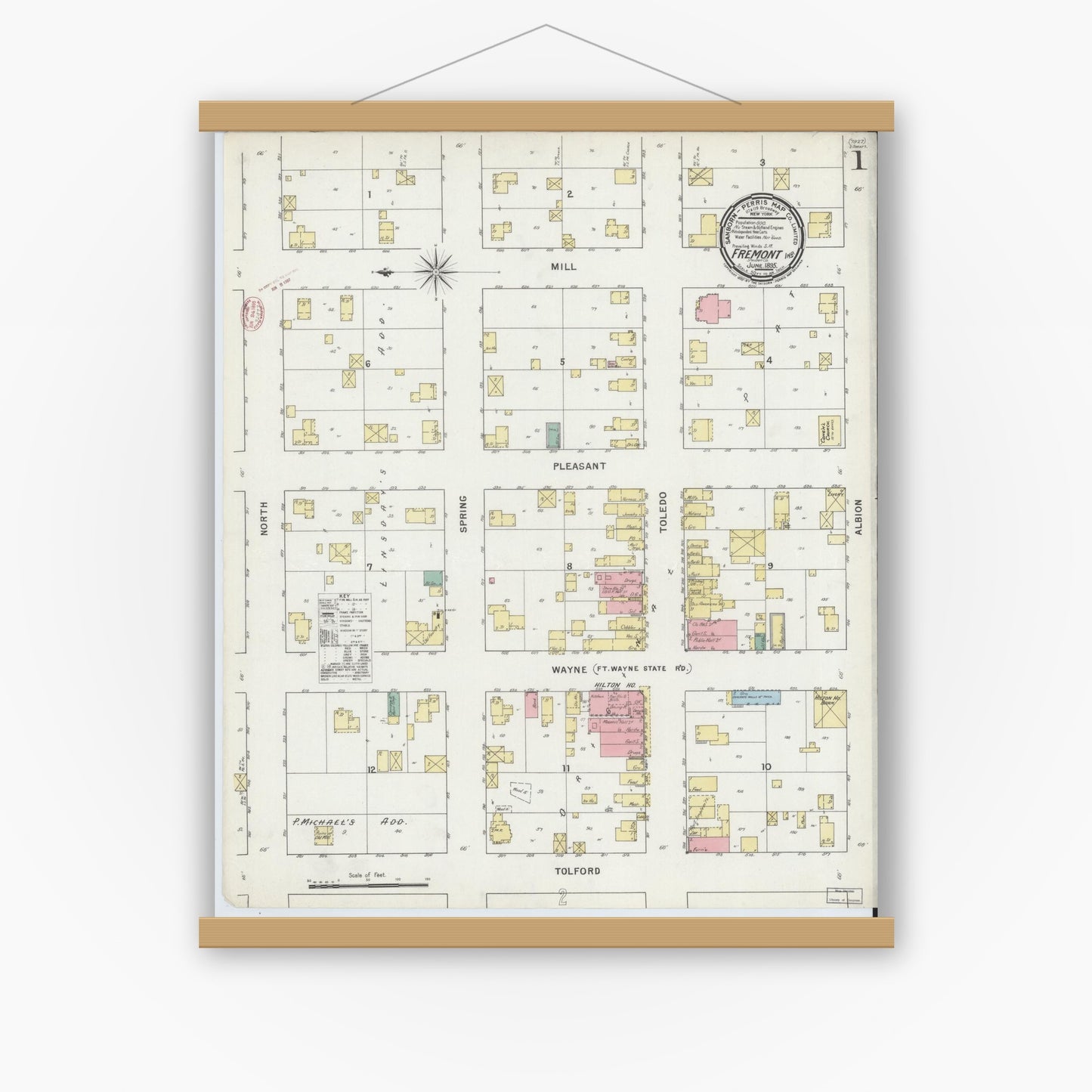 Old map wall art mockup — magnetic wood frame on white wall — Sanborn Fire Insurance Map from Fremont, Steuben County, Indiana (1895) - Complete Map Set