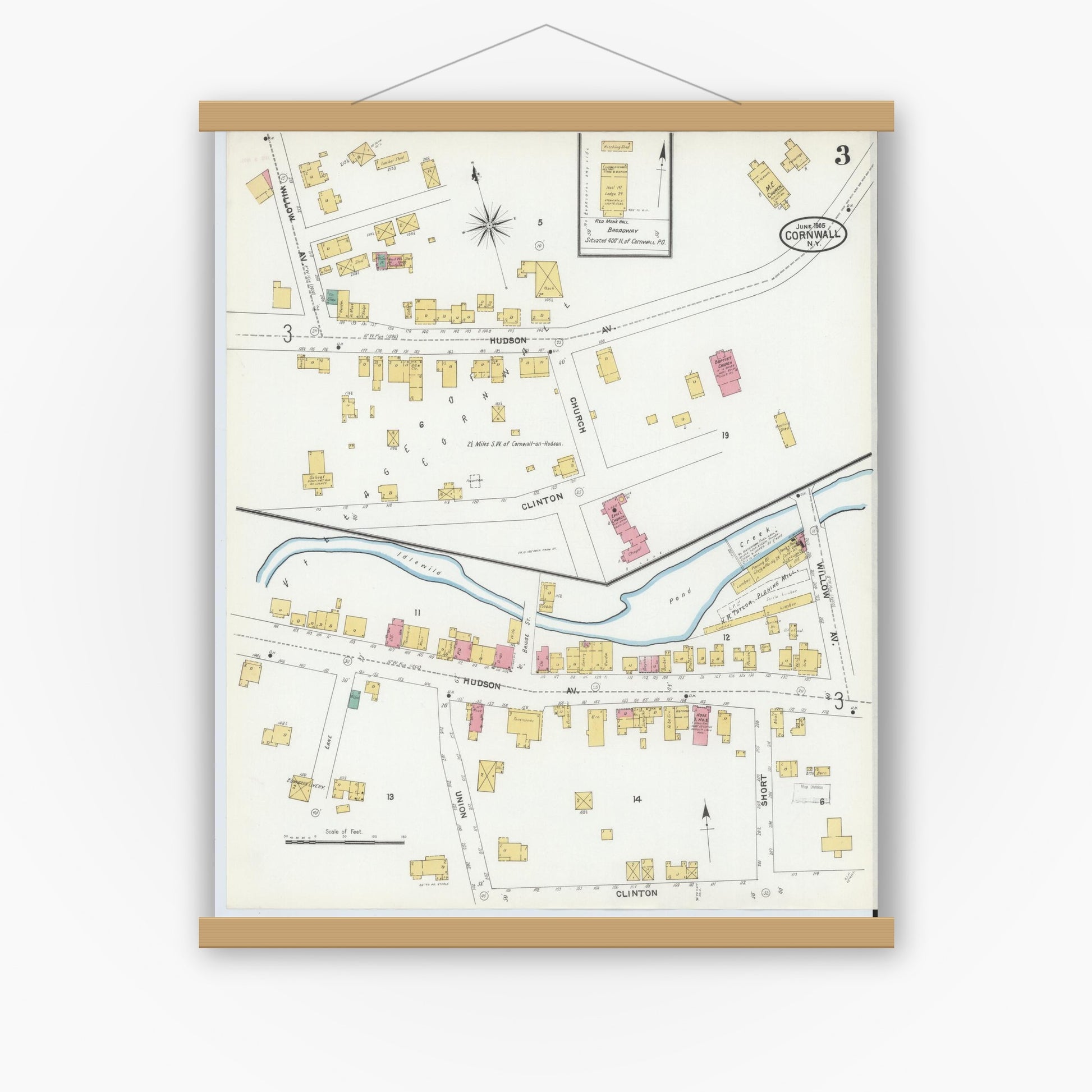 Old map wall art mockup — magnetic wood frame on white wall — Sanborn Fire Insurance Map from Cornwall, Orange County, New York (1905), Sheet #0003