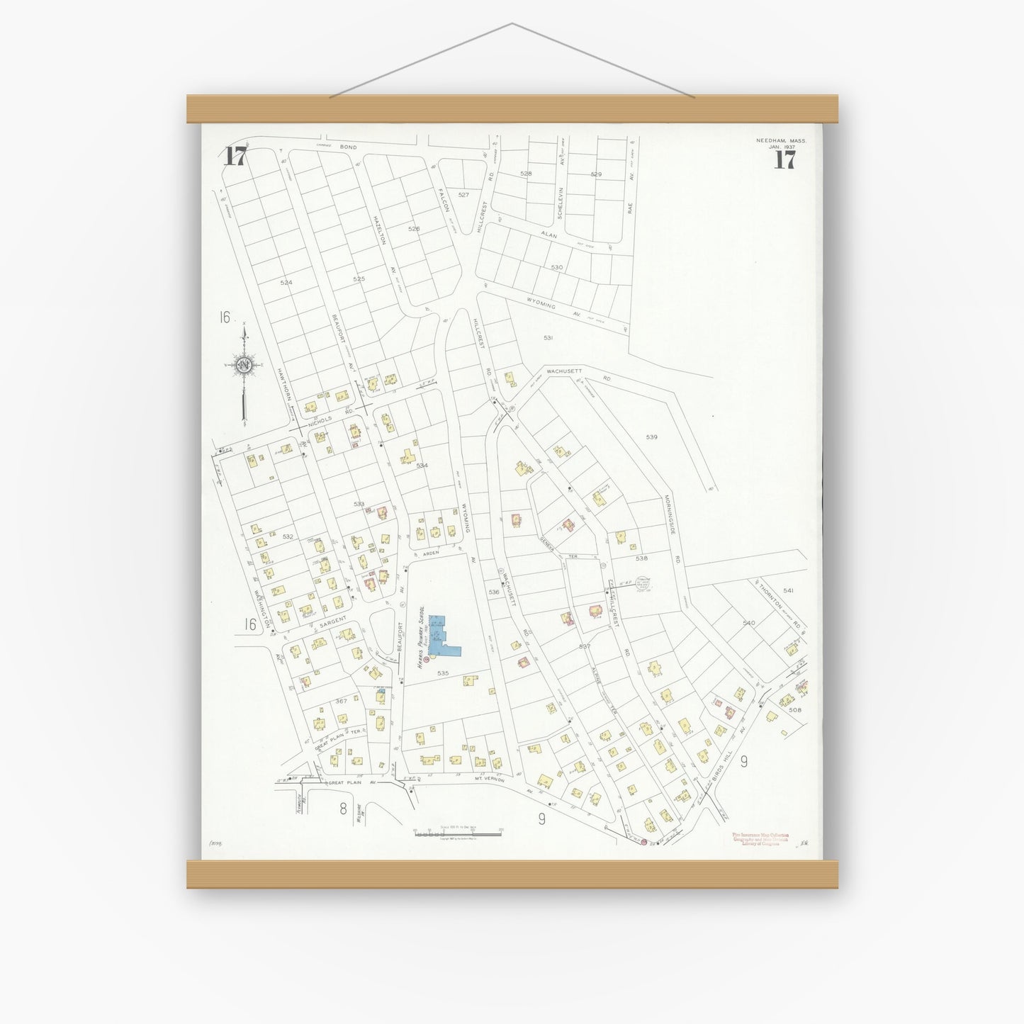 Old map wall art mockup — magnetic wood frame on white wall — Sanborn Fire Insurance Map from Needham, Norfolk County, Massachusetts (1937), Sheet #0017