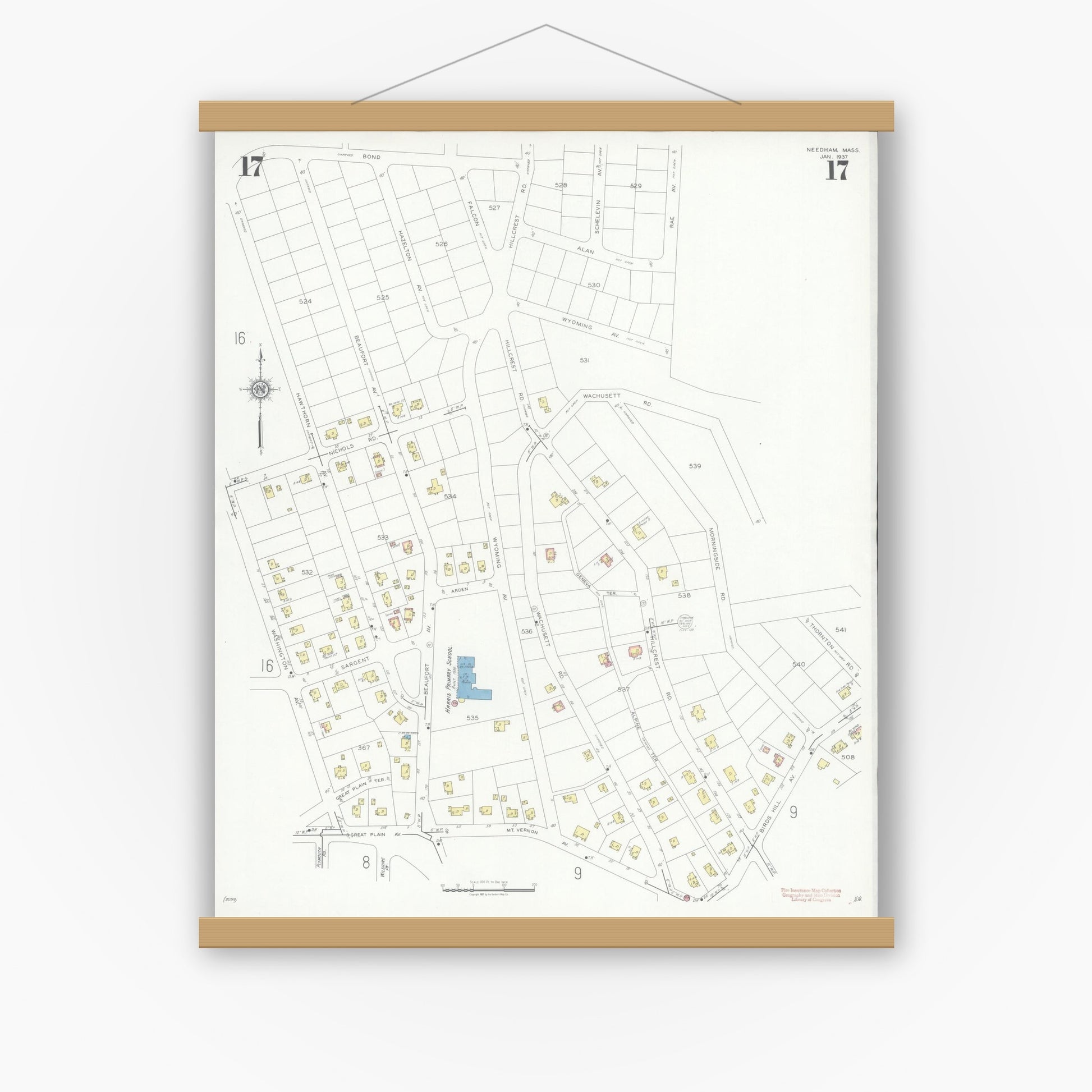 Old map wall art mockup — magnetic wood frame on white wall — Sanborn Fire Insurance Map from Needham, Norfolk County, Massachusetts (1937), Sheet #0017