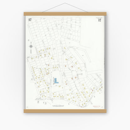 Old map wall art mockup — magnetic wood frame on white wall — Sanborn Fire Insurance Map from Needham, Norfolk County, Massachusetts (1937), Sheet #0017