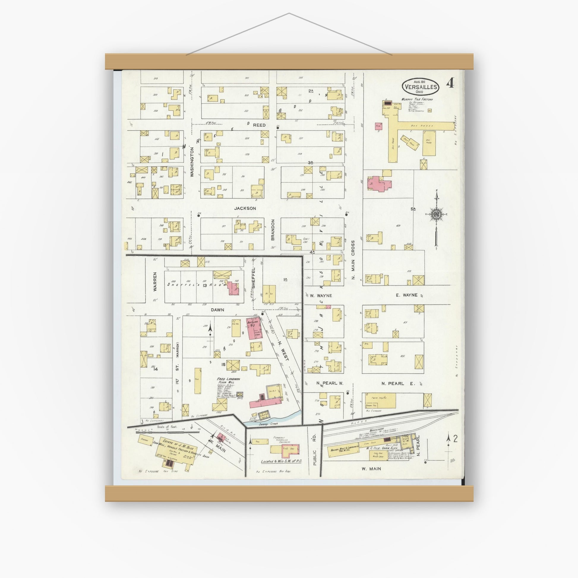Old map wall art mockup — magnetic wood frame on white wall — Sanborn Fire Insurance Map from Versailles, Darke County, Ohio (1911), Sheet #0004