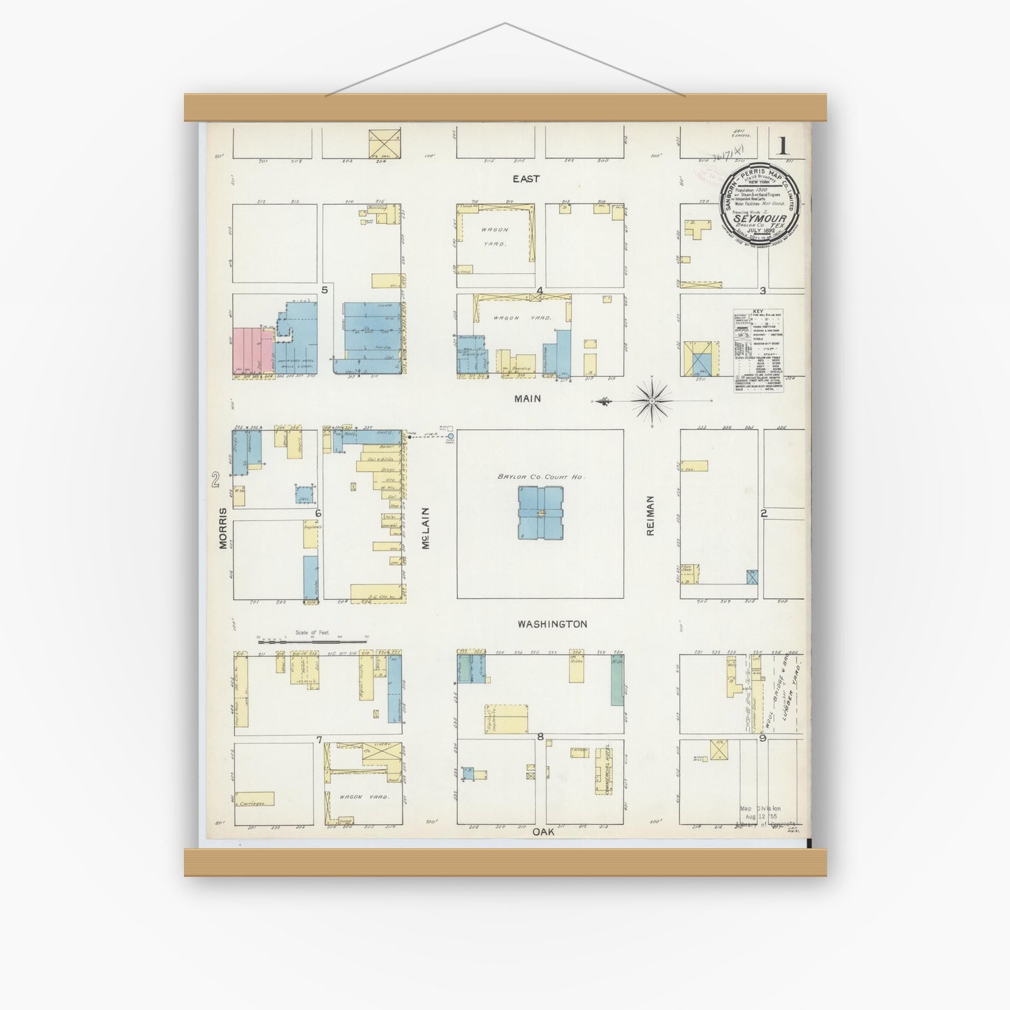 Old map wall art mockup — magnetic wood frame on white wall — Sanborn Fire Insurance Map from Seymour, Baylor County, Texas (1892) - Complete Map Set