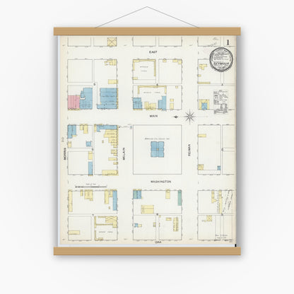 Old map wall art mockup — magnetic wood frame on white wall — Sanborn Fire Insurance Map from Seymour, Baylor County, Texas (1892) - Complete Map Set