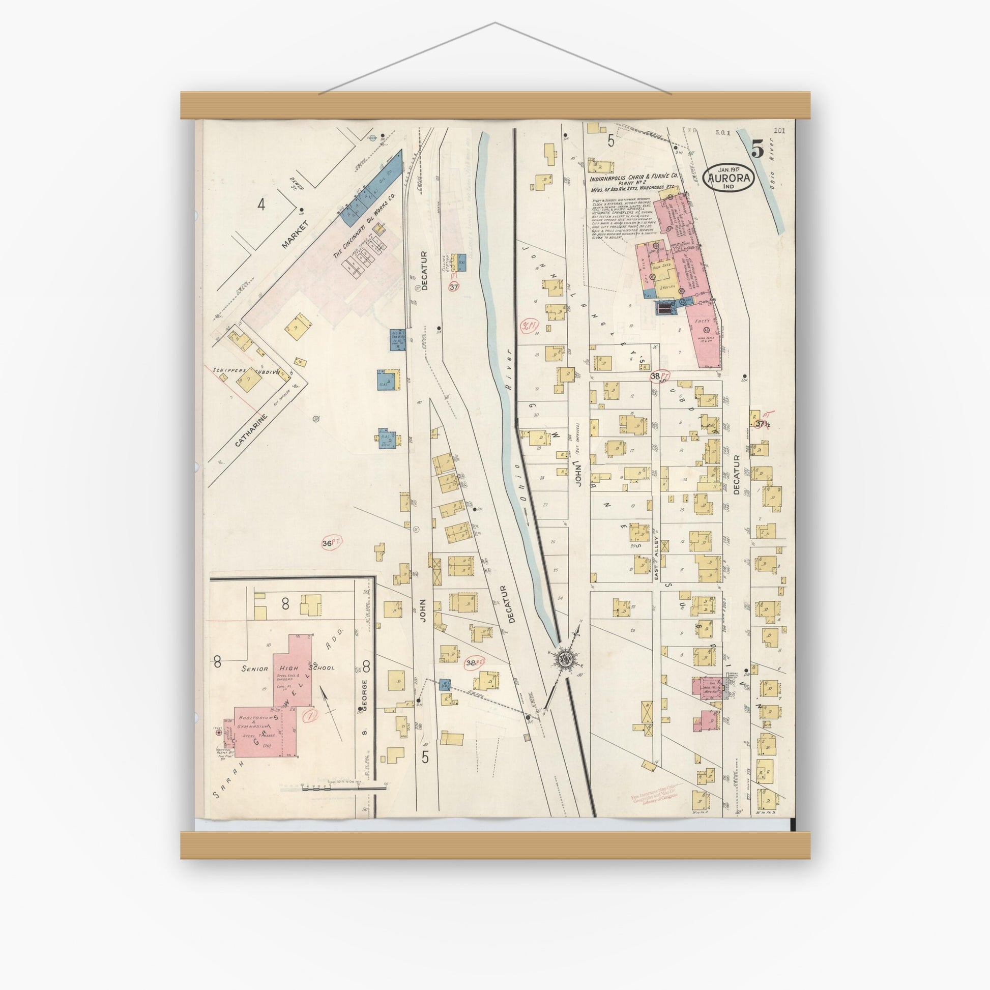 Old map wall art mockup — magnetic wood frame on white wall — Sanborn Fire Insurance Map from Aurora, Dearborn County, Indiana (1935), Sheet #0005