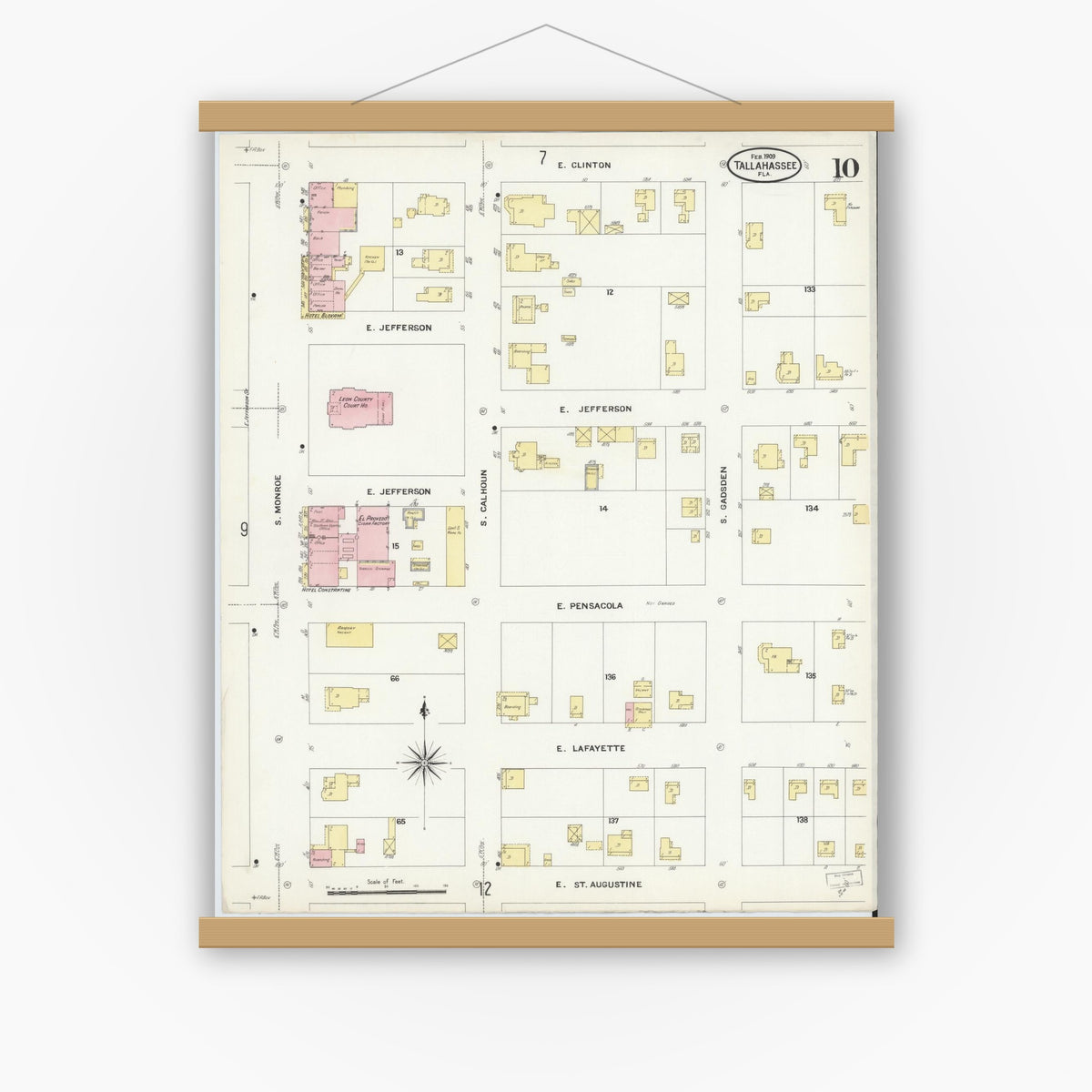 Old map wall art mockup — magnetic wood frame on white wall — Sanborn Fire Insurance Map from Tallahassee, Leon County, Florida (1909), Sheet #0010