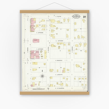 Old map wall art mockup — magnetic wood frame on white wall — Sanborn Fire Insurance Map from Tallahassee, Leon County, Florida (1909), Sheet #0010