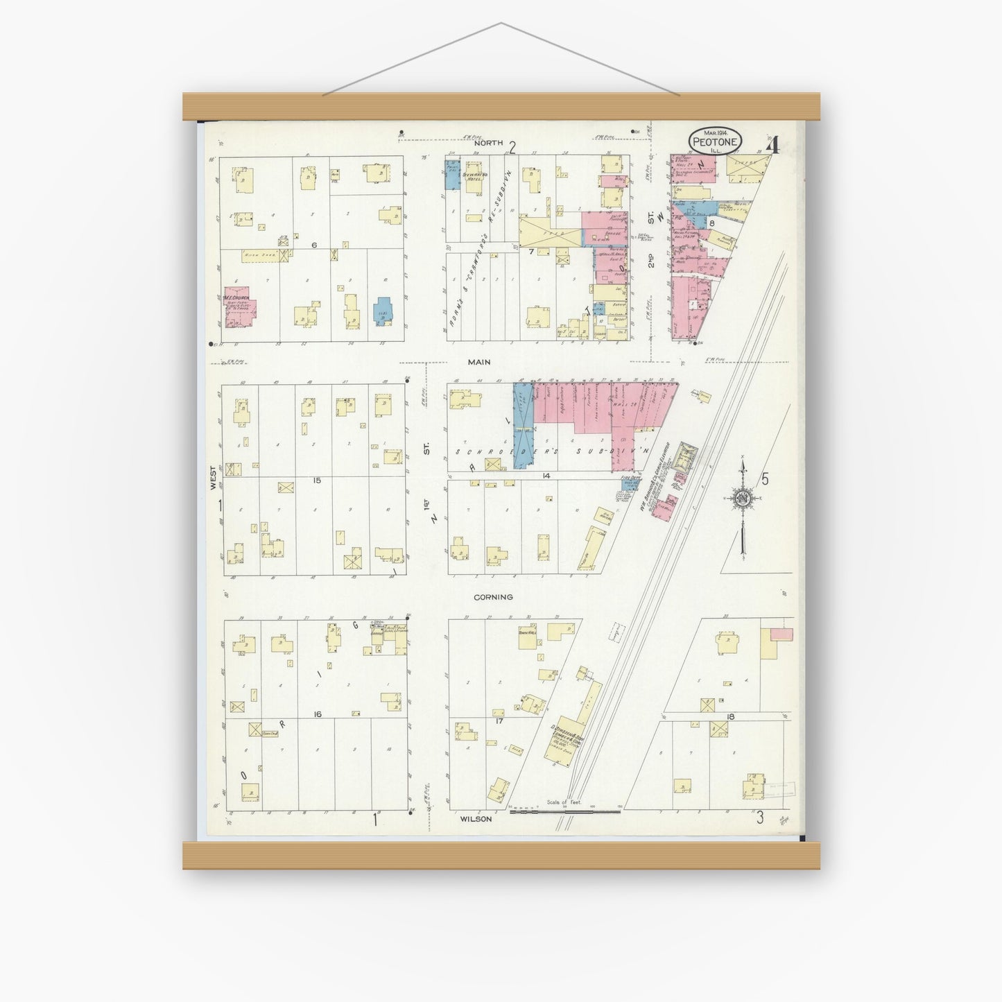 Old map wall art mockup — magnetic wood frame on white wall — Sanborn Fire Insurance Map from Peotone, Will County, Illinois (1914), Sheet #0004