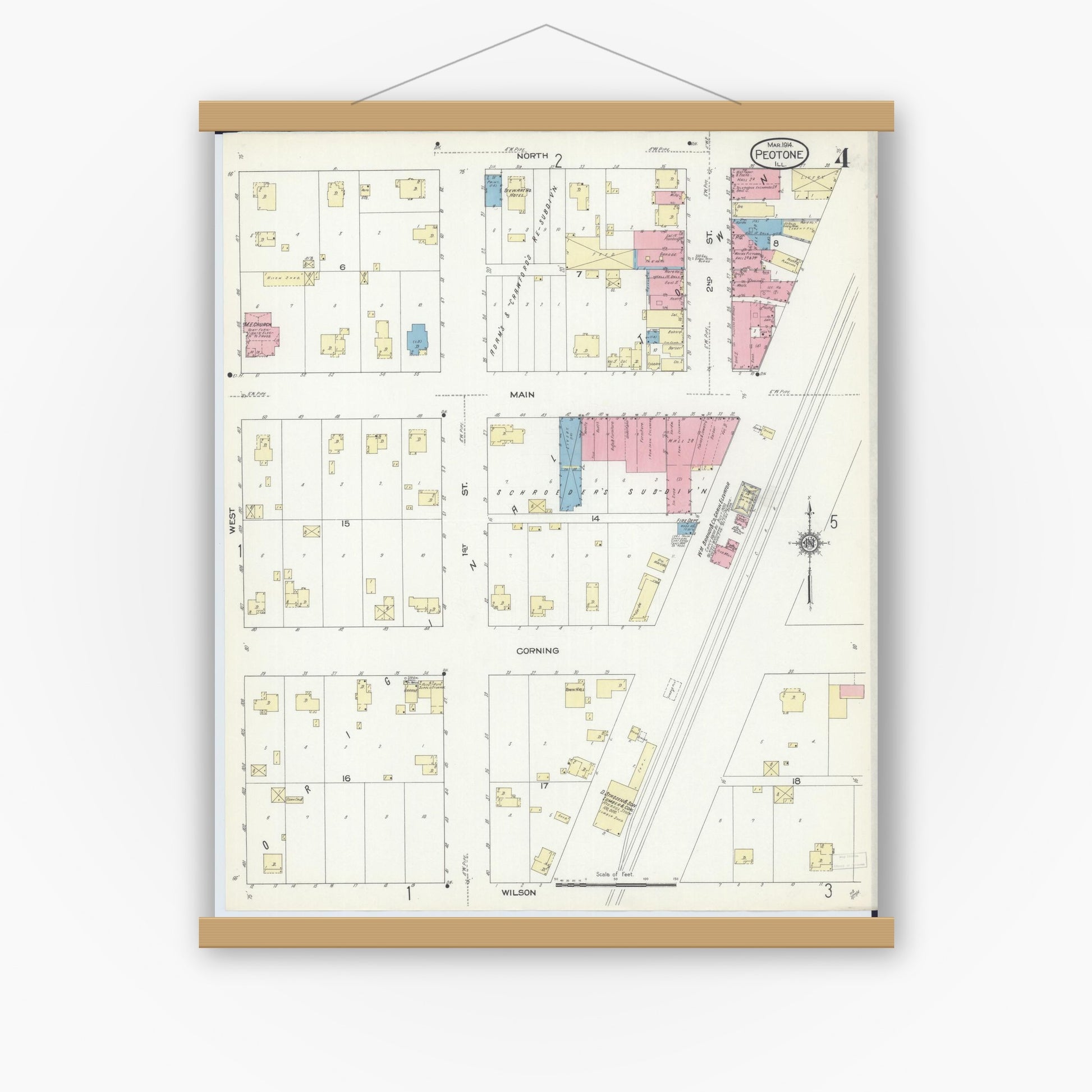 Old map wall art mockup — magnetic wood frame on white wall — Sanborn Fire Insurance Map from Peotone, Will County, Illinois (1914), Sheet #0004