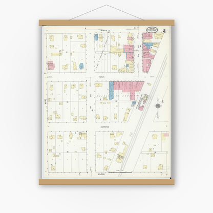 Old map wall art mockup — magnetic wood frame on white wall — Sanborn Fire Insurance Map from Peotone, Will County, Illinois (1914), Sheet #0004
