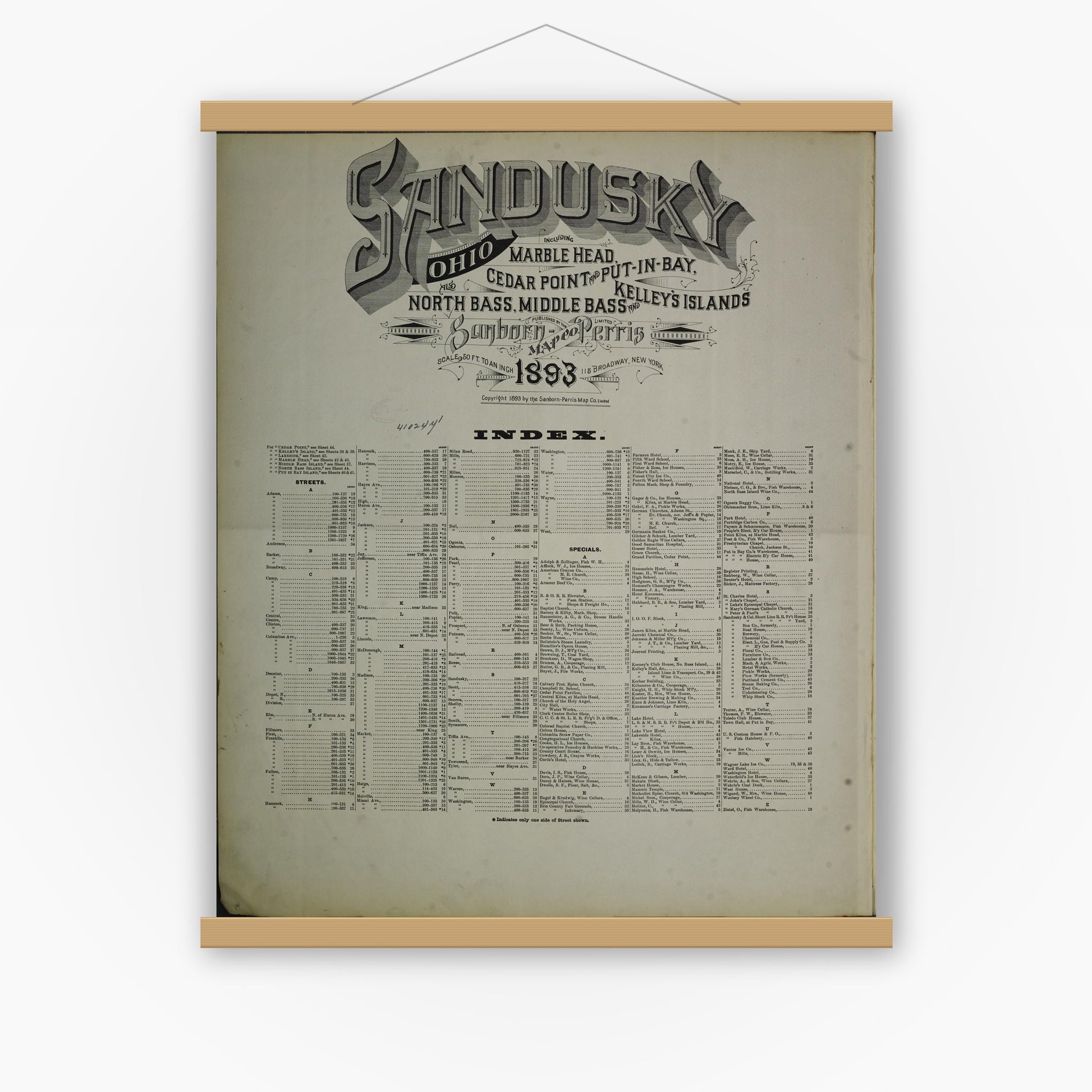 Old map wall art mockup — magnetic wood frame on white wall — Sanborn Fire Insurance Map from Sandusky, Erie County, Ohio (1893), Sheet #0001