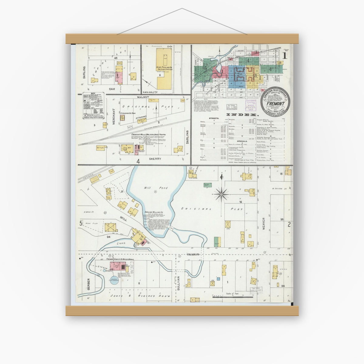 Old map wall art mockup — magnetic wood frame on white wall — Sanborn Fire Insurance Map from Fremont, Newaygo County, Michigan (1904) - Complete Map Set