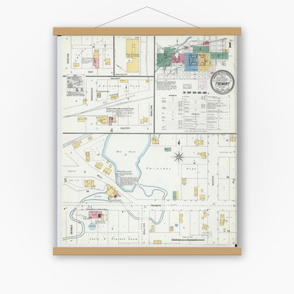 Old map wall art mockup — magnetic wood frame on white wall — Sanborn Fire Insurance Map from Fremont, Newaygo County, Michigan (1904) - Complete Map Set