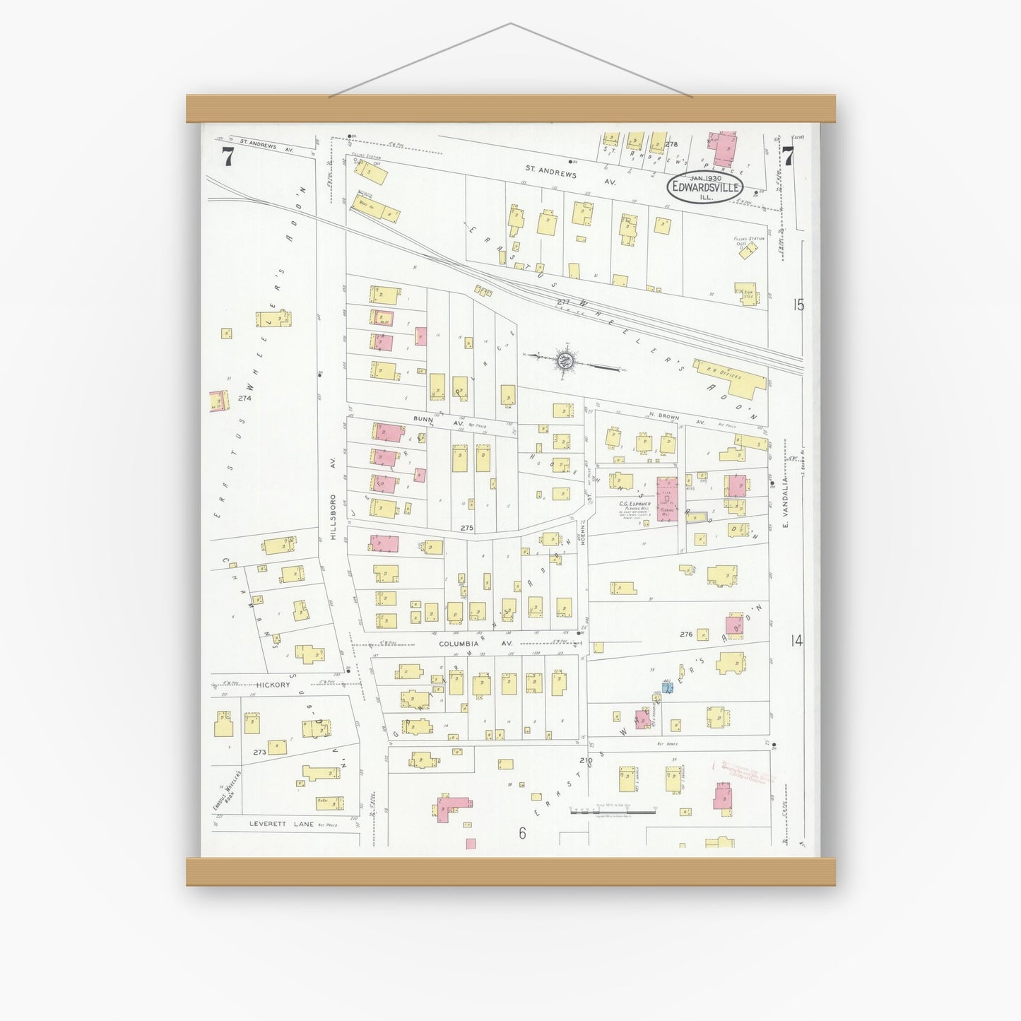 Old map wall art mockup — magnetic wood frame on white wall — Sanborn Fire Insurance Map from Edwardsville, Madison County, Illinois (1930), Sheet #0007