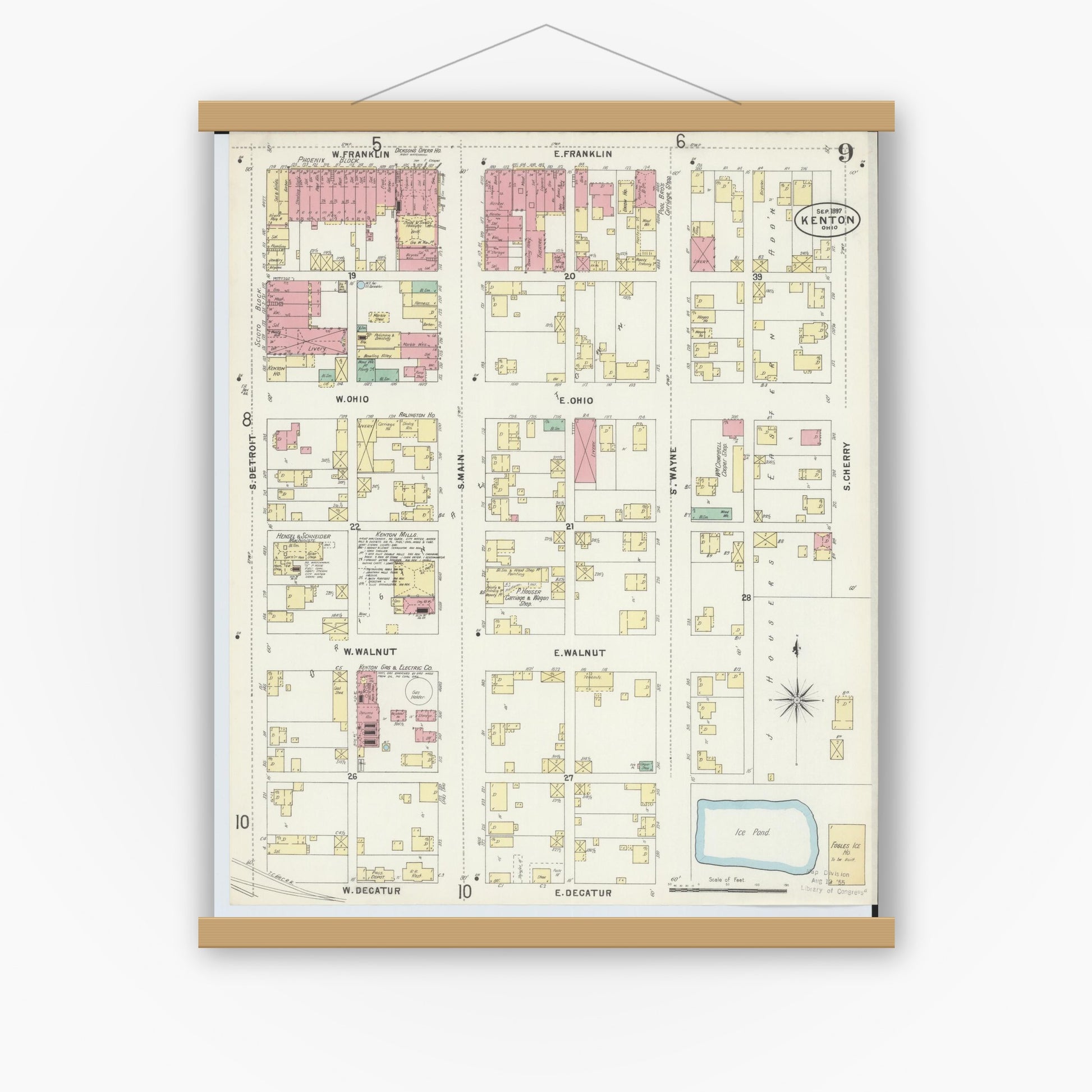 Old map wall art mockup — magnetic wood frame on white wall — Sanborn Fire Insurance Map from Kenton, Hardin County, Ohio (1897), Sheet #0009