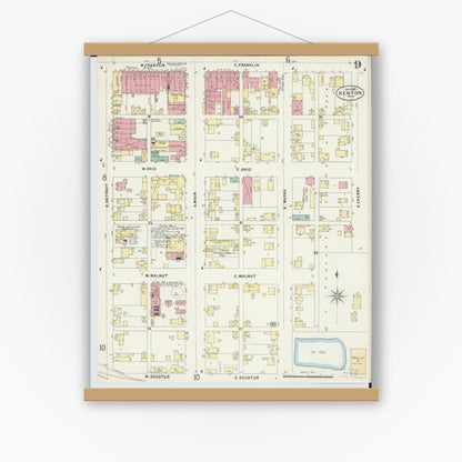 Old map wall art mockup — magnetic wood frame on white wall — Sanborn Fire Insurance Map from Kenton, Hardin County, Ohio (1897), Sheet #0009