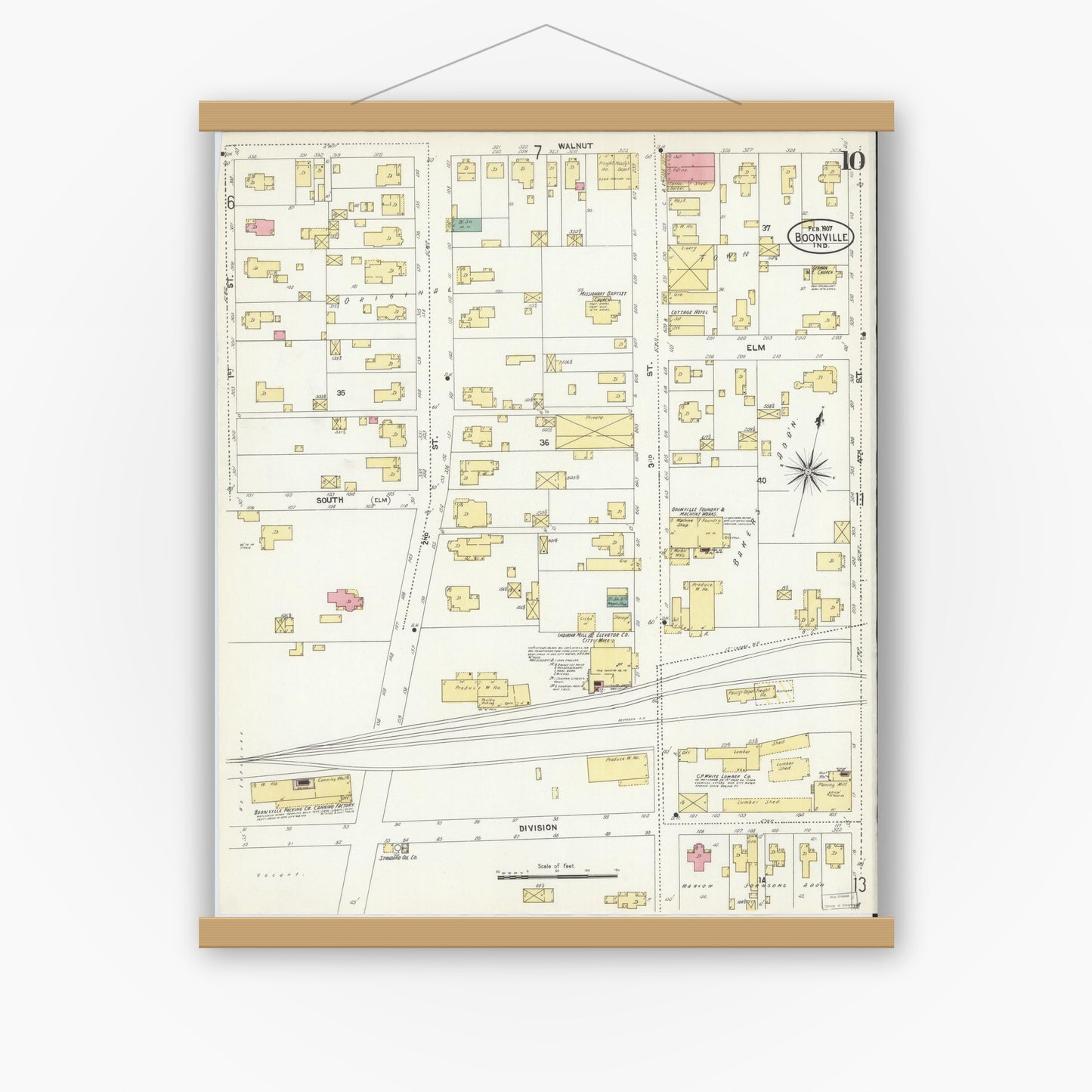 Old map wall art mockup — magnetic wood frame on white wall — Sanborn Fire Insurance Map from Boonville, Warrick County, Indiana (1907), Sheet #0010