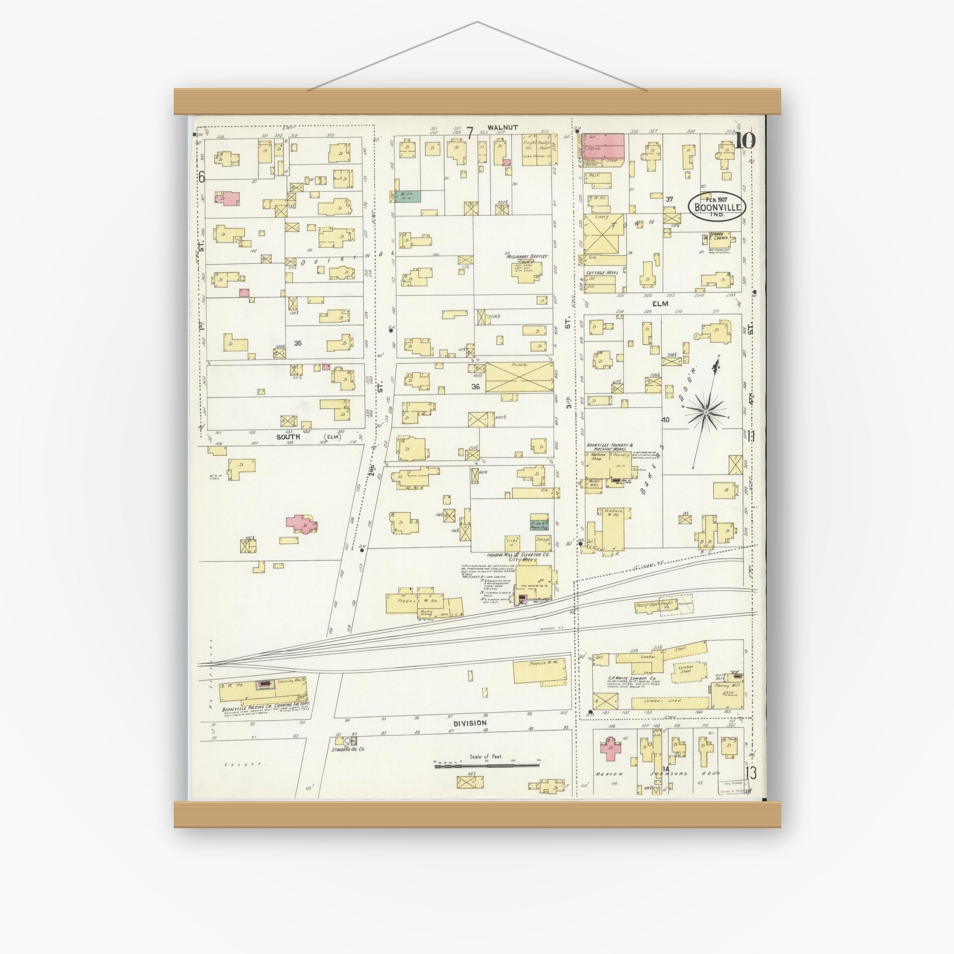 Old map wall art mockup — magnetic wood frame on white wall — Sanborn Fire Insurance Map from Boonville, Warrick County, Indiana (1907), Sheet #0010