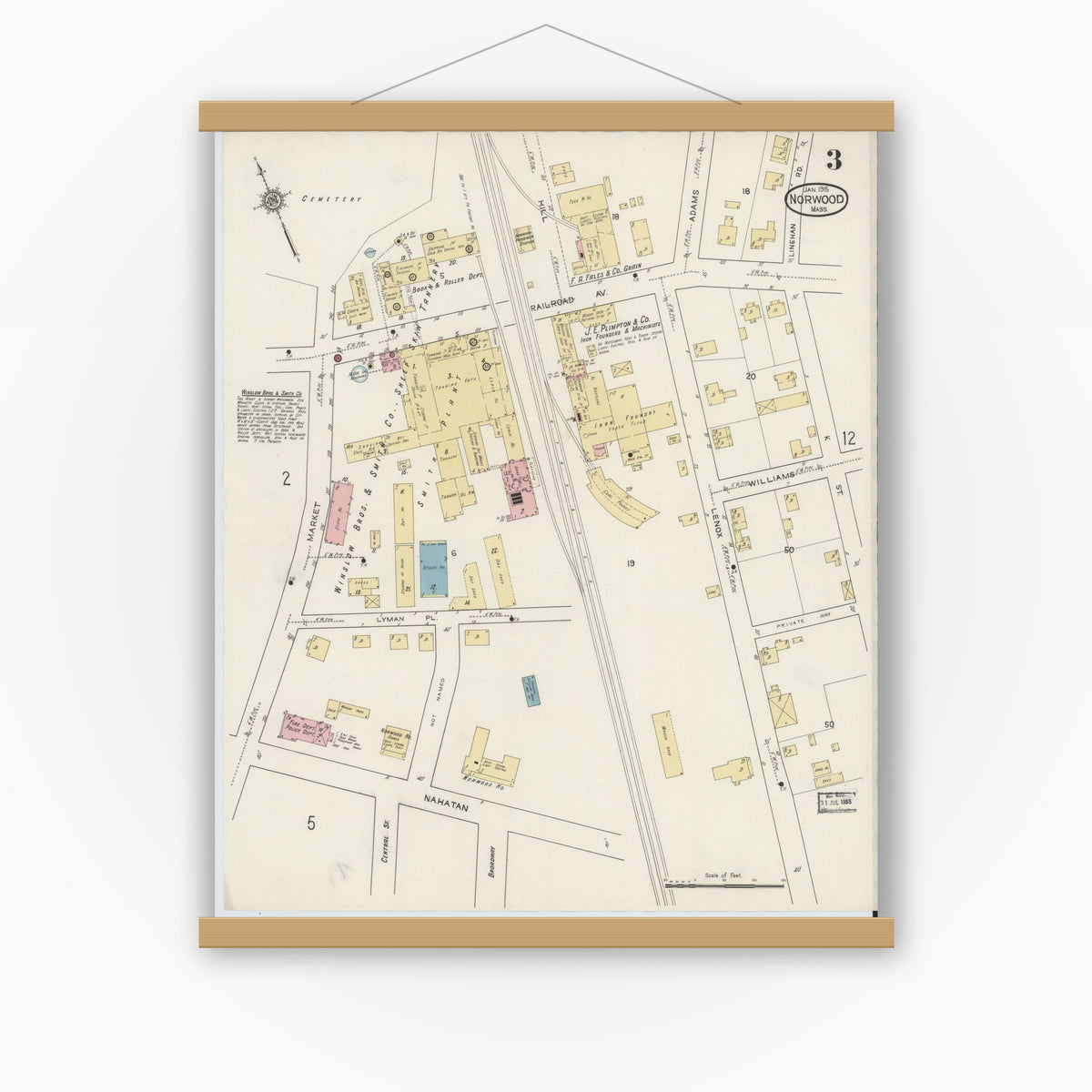 Old map wall art mockup — magnetic wood frame on white wall — Sanborn Fire Insurance Map from Norwood, Norfolk County, Massachusetts (1915), Sheet #0003
