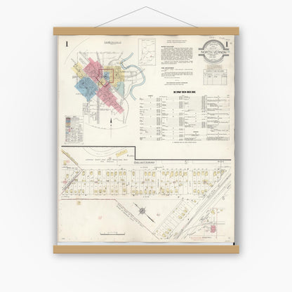 Old map wall art mockup — magnetic wood frame on white wall — Sanborn Fire Insurance Map from North Vernon, Jennings County, Indiana (1943) - Complete Map Set