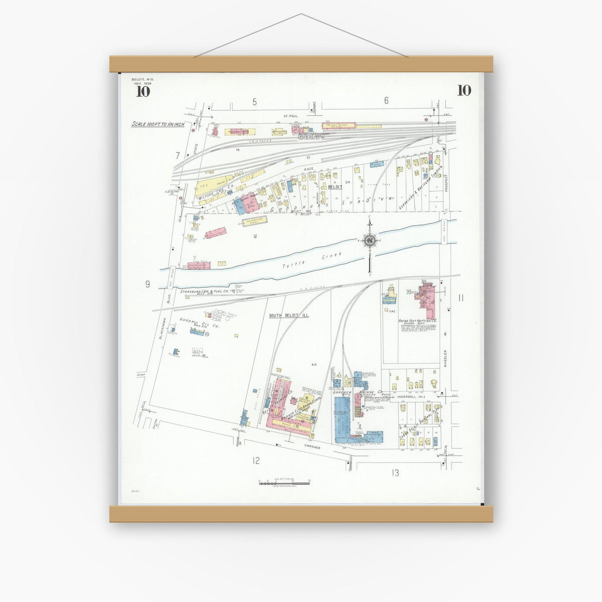Old map wall art mockup — magnetic wood frame on white wall — Sanborn Fire Insurance Map from Beloit, Rock County, Wisconsin (1939), Sheet #0010