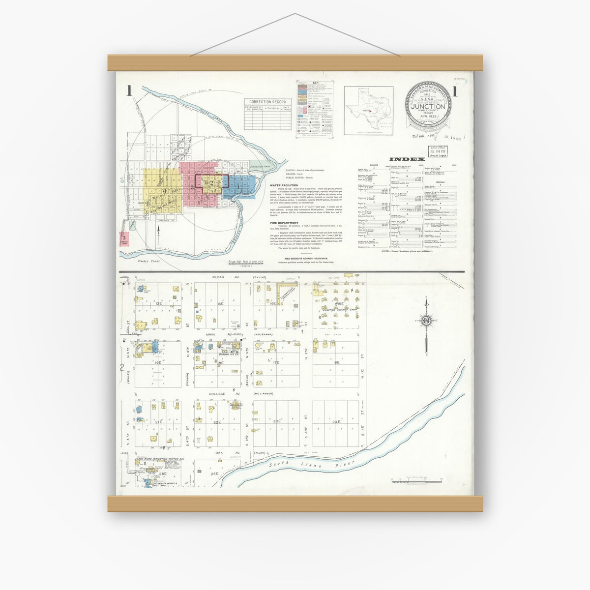 Old map wall art mockup — magnetic wood frame on white wall — Sanborn Fire Insurance Map from Junction, Kimble County, Texas (1933) - Complete Map Set