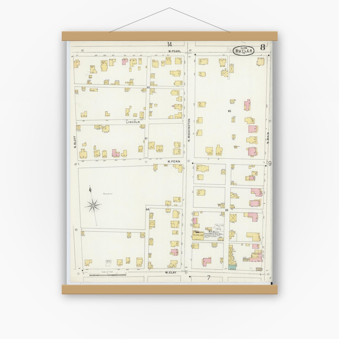 Old map wall art mockup — magnetic wood frame on white wall — Sanborn Fire Insurance Map from Butler, Butler County, Pennsylvania (1896), Sheet #0008