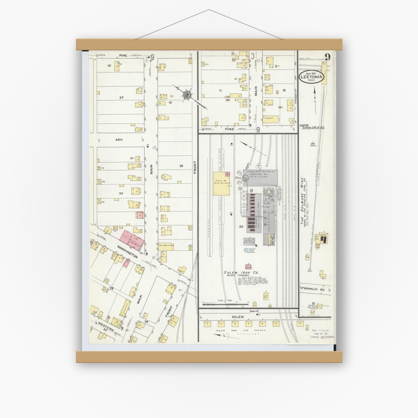 Old map wall art mockup — magnetic wood frame on white wall — Sanborn Fire Insurance Map from Leetonia, Columbiana County, Ohio (1910), Sheet #0009