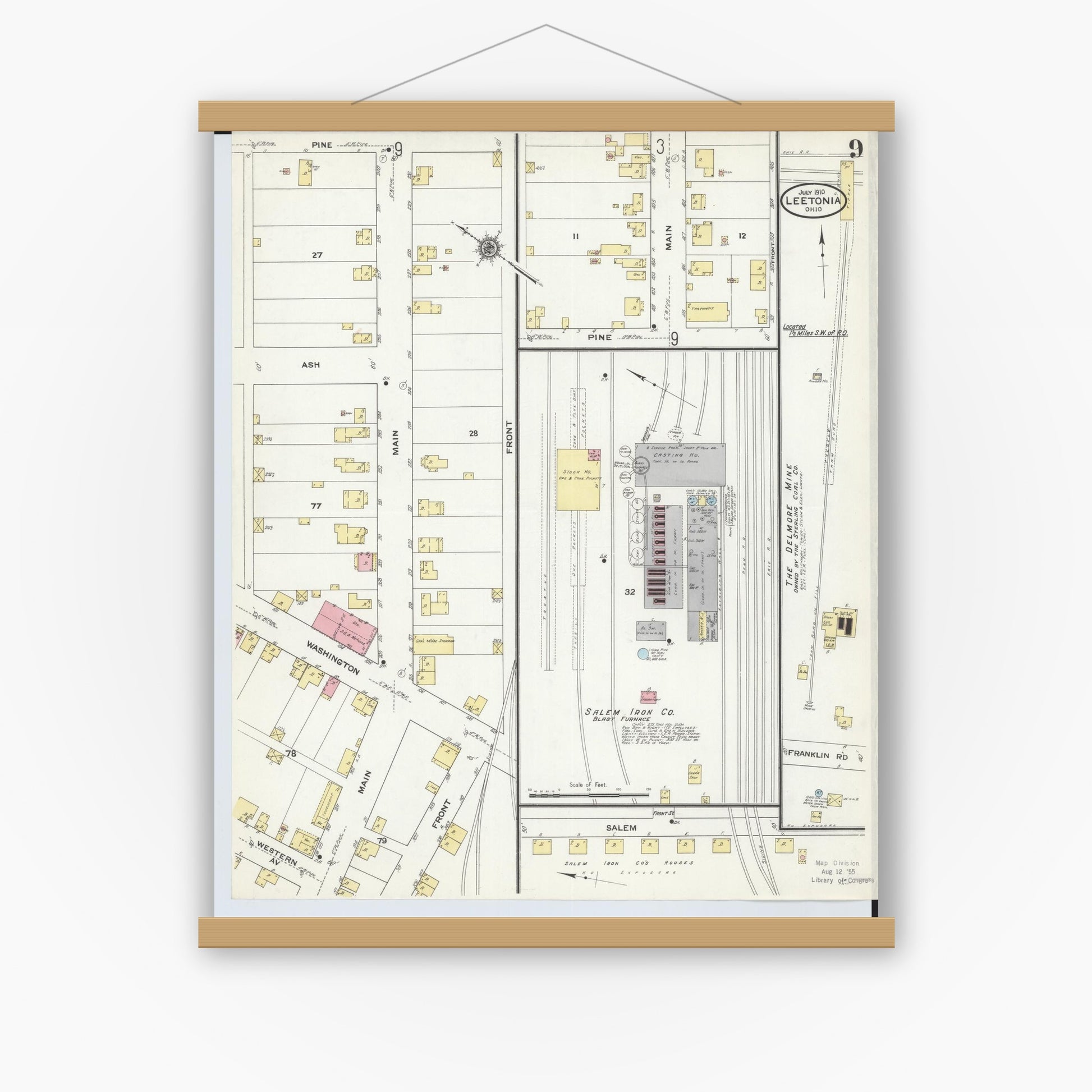 Old map wall art mockup — magnetic wood frame on white wall — Sanborn Fire Insurance Map from Leetonia, Columbiana County, Ohio (1910), Sheet #0009