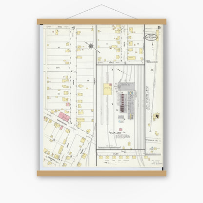 Old map wall art mockup — magnetic wood frame on white wall — Sanborn Fire Insurance Map from Leetonia, Columbiana County, Ohio (1910), Sheet #0009