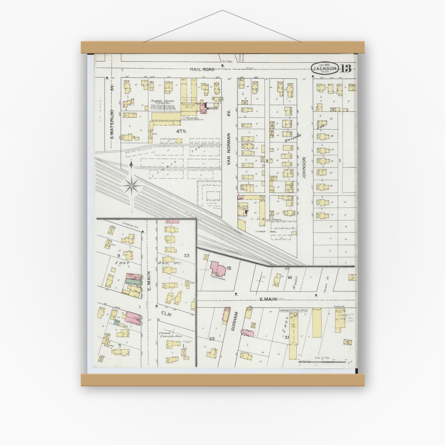 Old map wall art mockup — magnetic wood frame on white wall — Sanborn Fire Insurance Map from Jackson, Jackson County, Michigan (1893), Sheet #0013