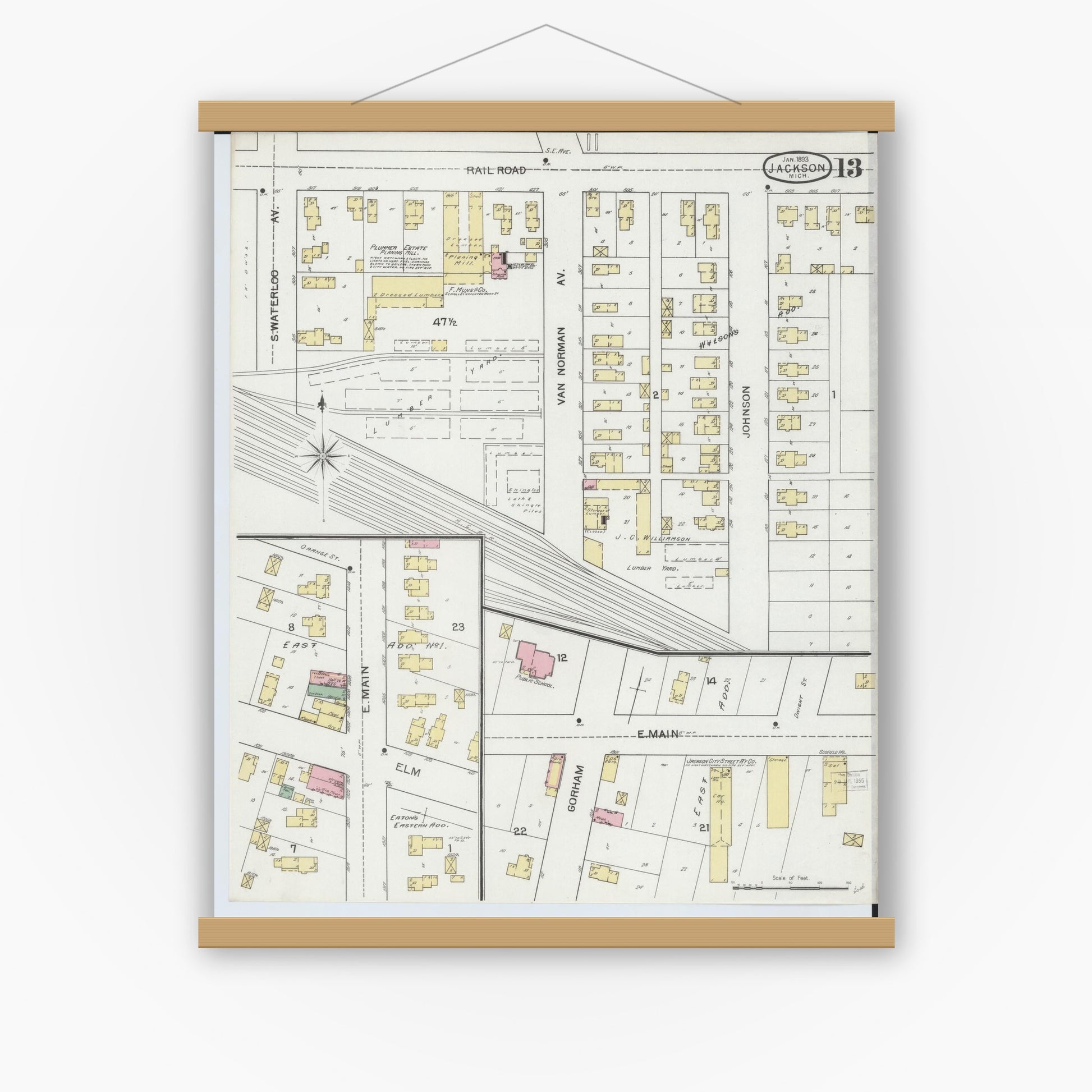 Old map wall art mockup — magnetic wood frame on white wall — Sanborn Fire Insurance Map from Jackson, Jackson County, Michigan (1893), Sheet #0013