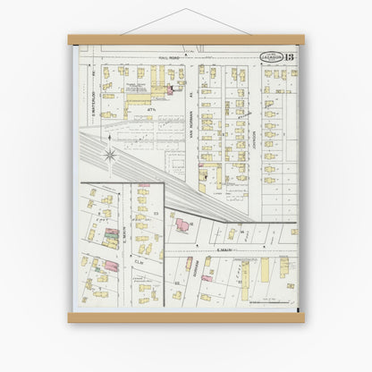 Old map wall art mockup — magnetic wood frame on white wall — Sanborn Fire Insurance Map from Jackson, Jackson County, Michigan (1893), Sheet #0013