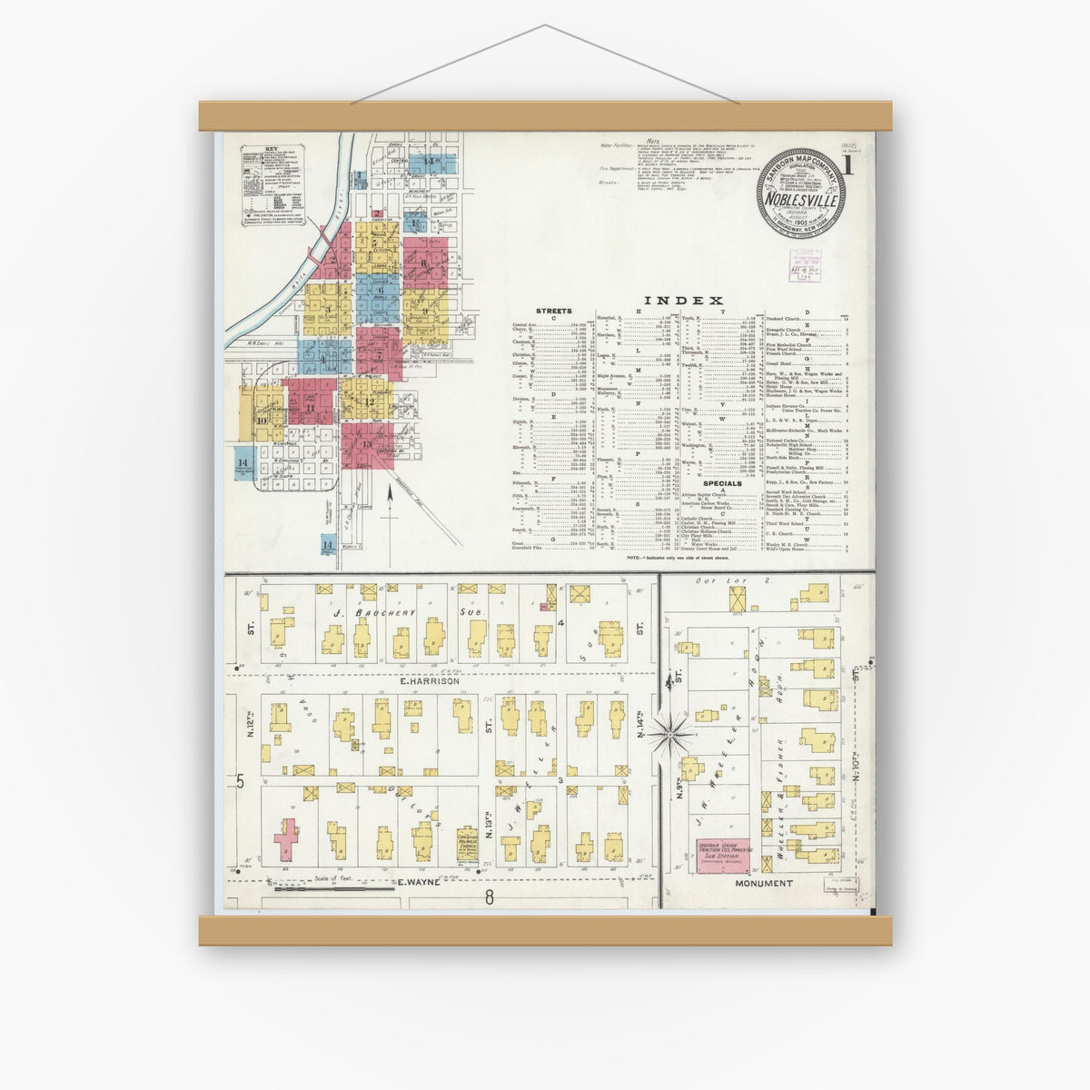 Old map wall art mockup — magnetic wood frame on white wall — Sanborn Fire Insurance Map from Noblesville, Hamilton County, Indiana (1905), Sheet #0001