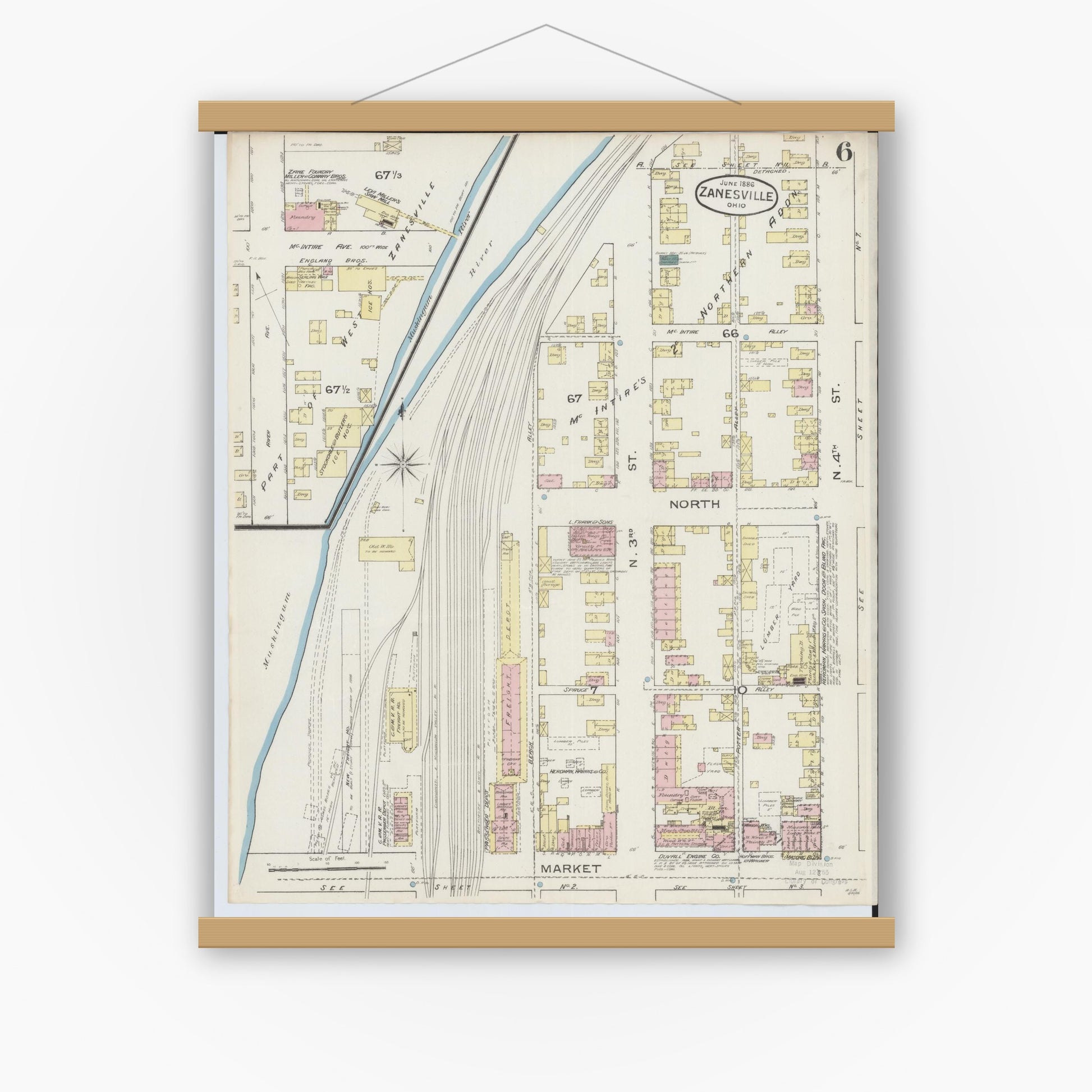 Old map wall art mockup — magnetic wood frame on white wall — Sanborn Fire Insurance Map from Zanesville, Muskingum County, Ohio (1886), Sheet #0006