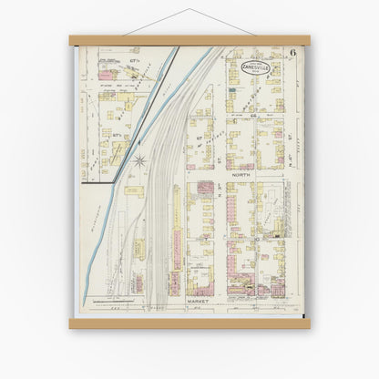 Old map wall art mockup — magnetic wood frame on white wall — Sanborn Fire Insurance Map from Zanesville, Muskingum County, Ohio (1886), Sheet #0006