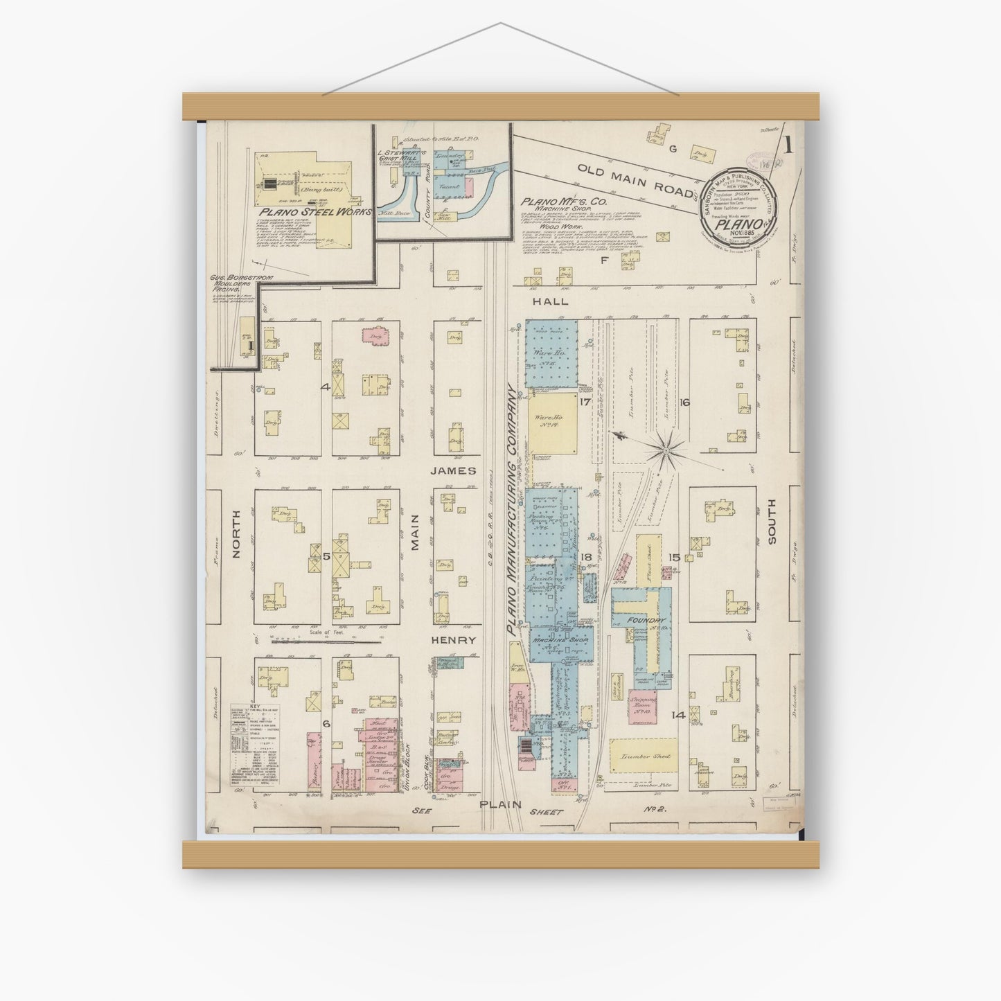 Old map wall art mockup — magnetic wood frame on white wall — Sanborn Fire Insurance Map from Plano, Kendall County, Illinois (1885) - Complete Map Set