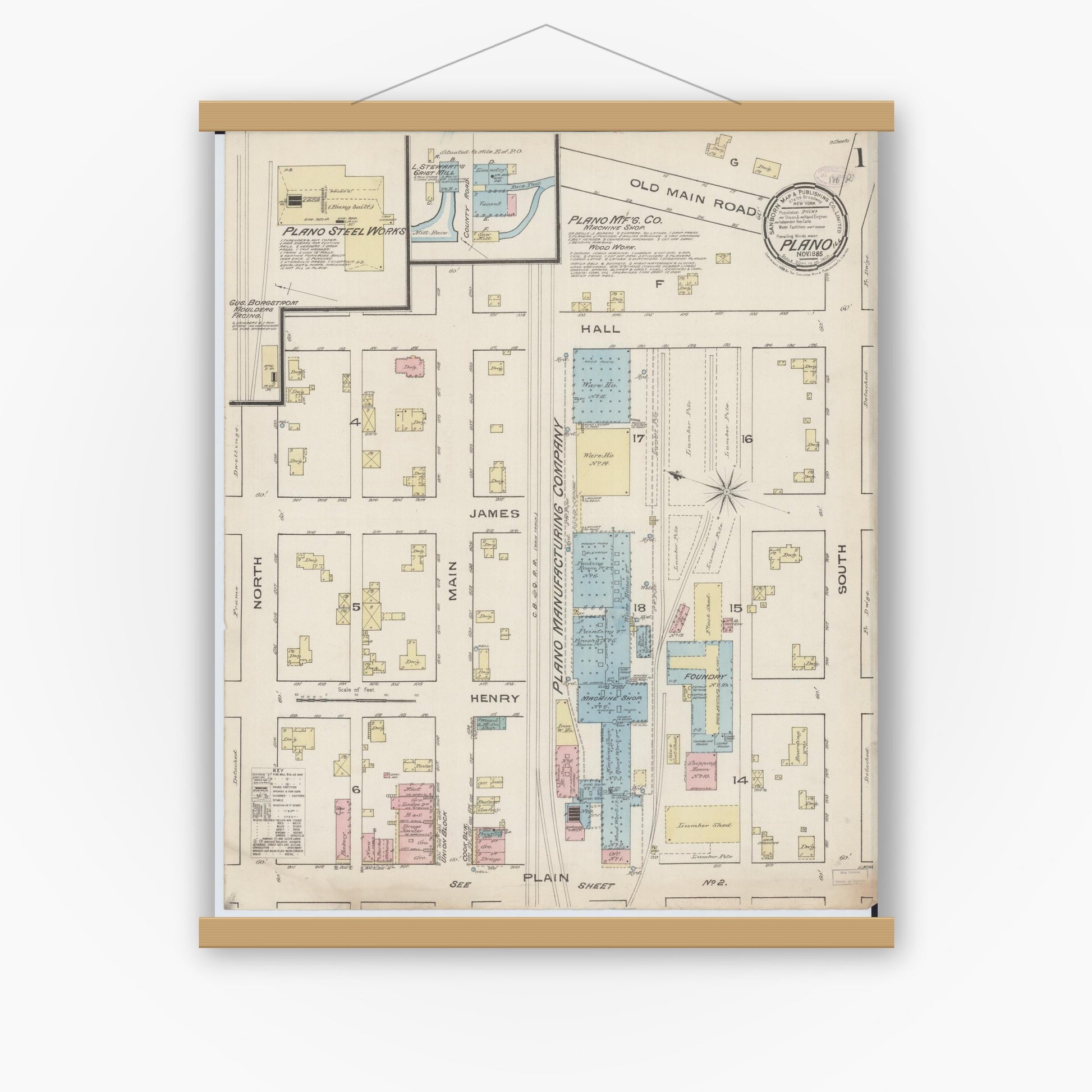 Old map wall art mockup — magnetic wood frame on white wall — Sanborn Fire Insurance Map from Plano, Kendall County, Illinois (1885) - Complete Map Set