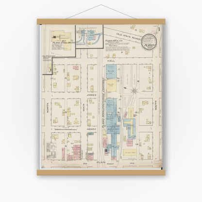Old map wall art mockup — magnetic wood frame on white wall — Sanborn Fire Insurance Map from Plano, Kendall County, Illinois (1885) - Complete Map Set