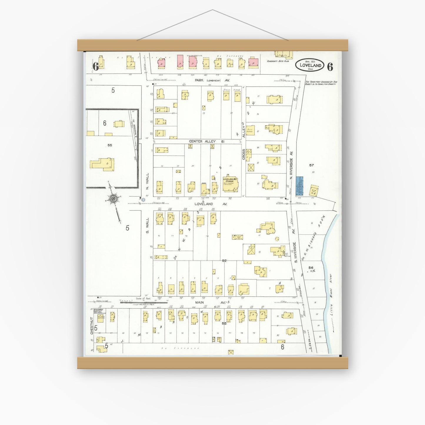 Old map wall art mockup — magnetic wood frame on white wall — Sanborn Fire Insurance Map from Loveland, Clermont, Hamilton, And Warren County, Ohio (1923), Sheet #0006